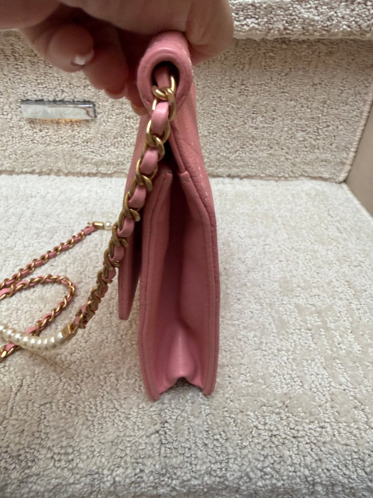 chanel quilted chic pearls pink handbag side view for sale