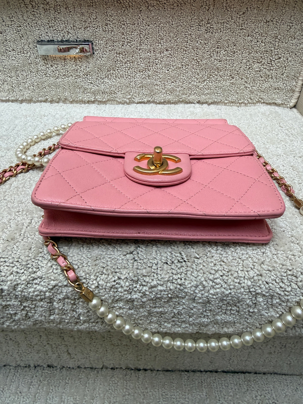 chanel quilted pearls flap bag view of the bottom of the bag used for sale