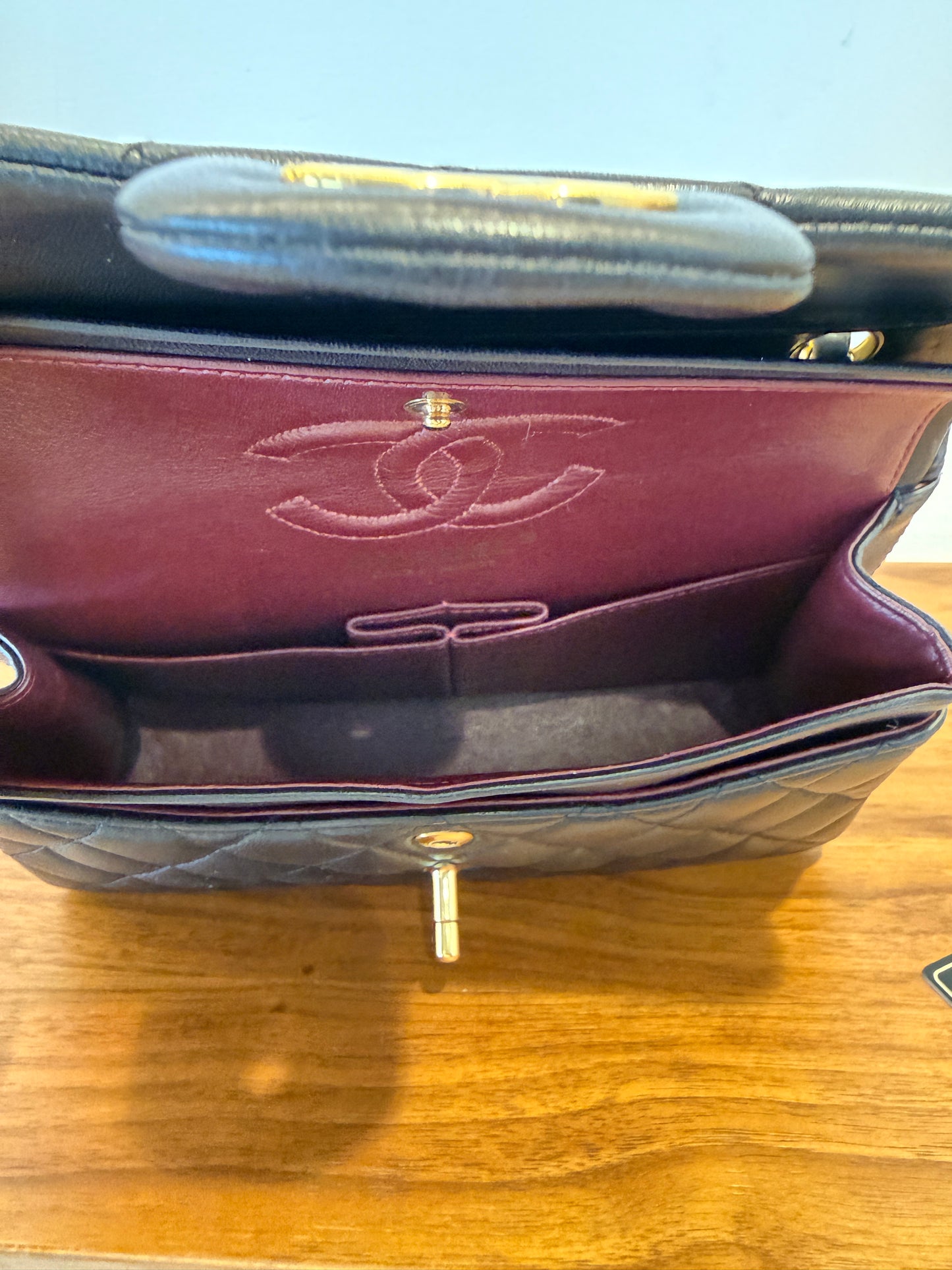 Chanel Small Classic Double Flap Interior Showing Clean Burgundy Leather