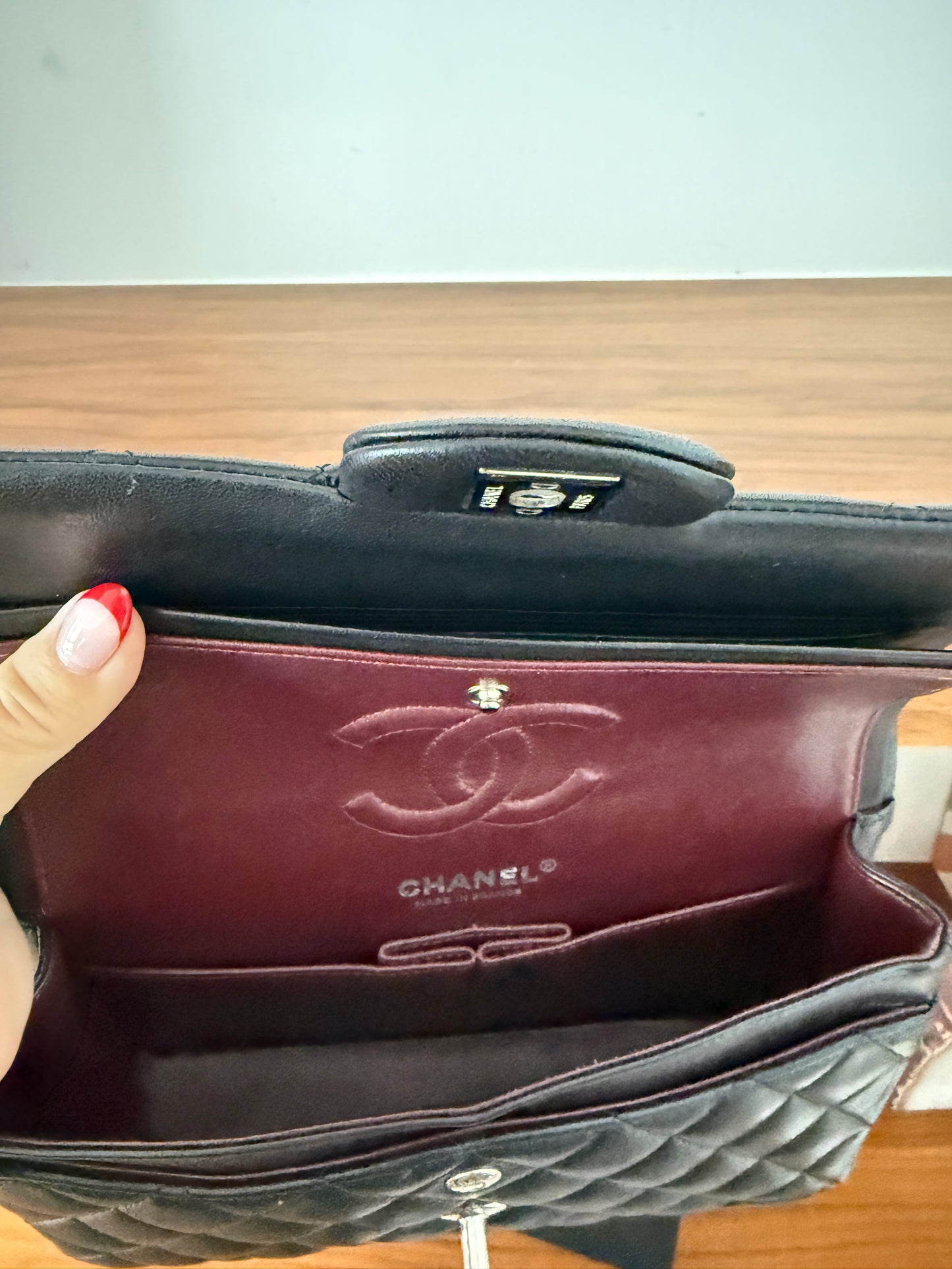 Chanel small classic double flap with burgundy leather interior with CC