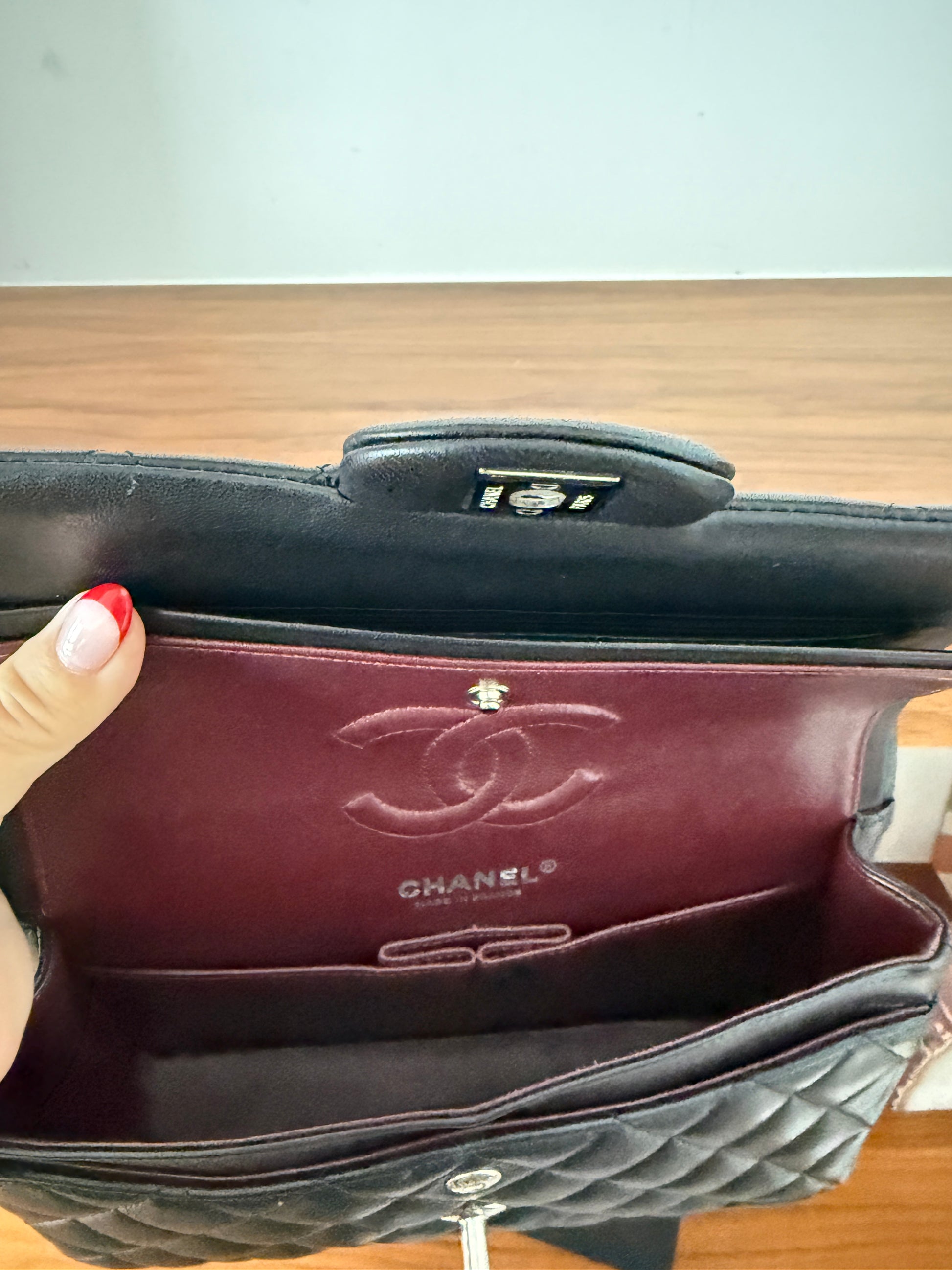 Chanel small classic double flap with burgundy leather interior with CC
