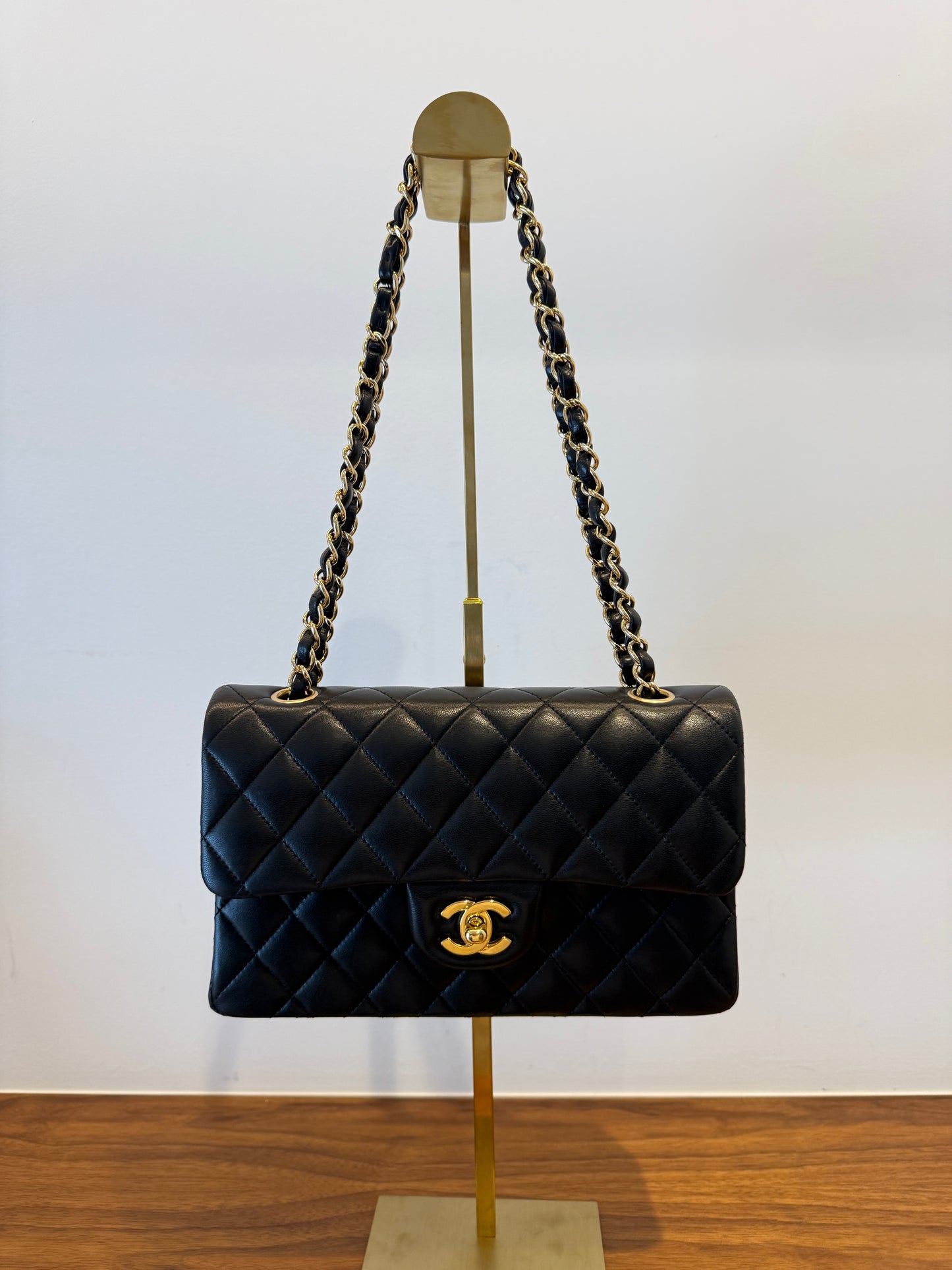 Front View of Chanel Classic Double Flap Small Size in Black Lambskin with Gold Hardware