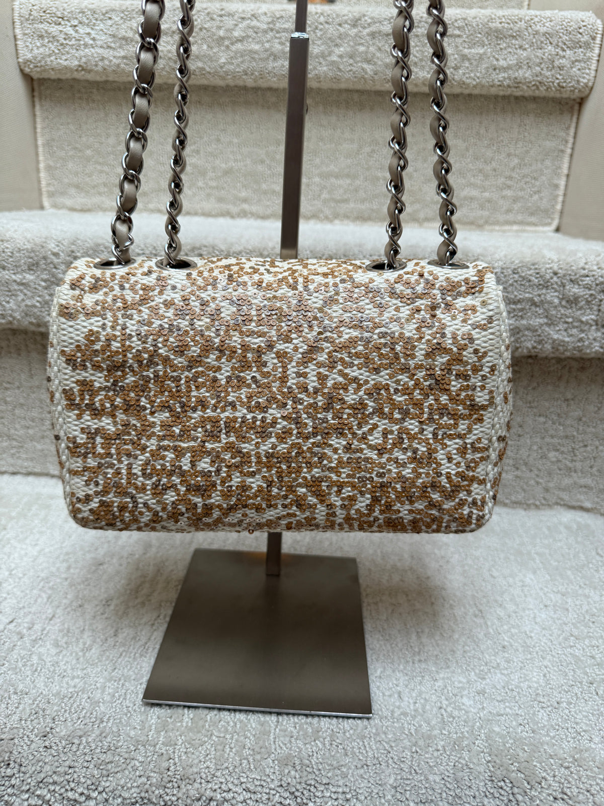 Chanel Small Single Flap Bag in Beige Raffia Sequins from Karl Lagerfeld
