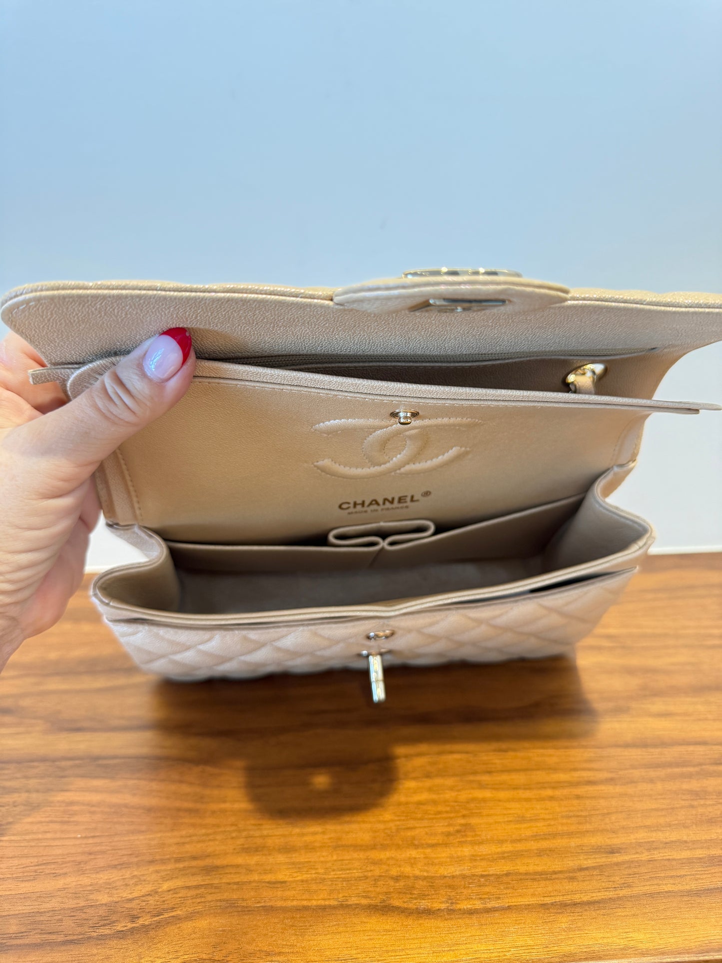 Chanel small double classic flap in beige caviar leather picture of clean interior of handbag