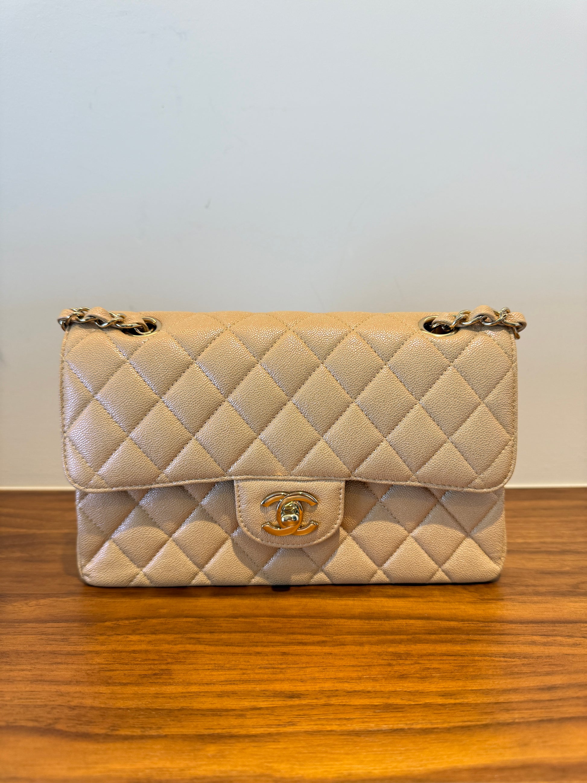 Chanel Small Double Classic Flap in caviar beige leather with gold hardware in excellent preloved condition