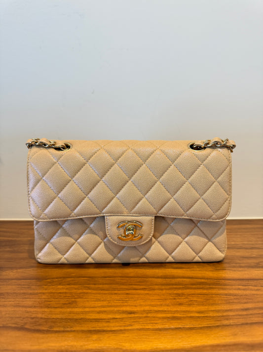Chanel Small Double Classic Flap in caviar beige leather with gold hardware in excellent preloved condition