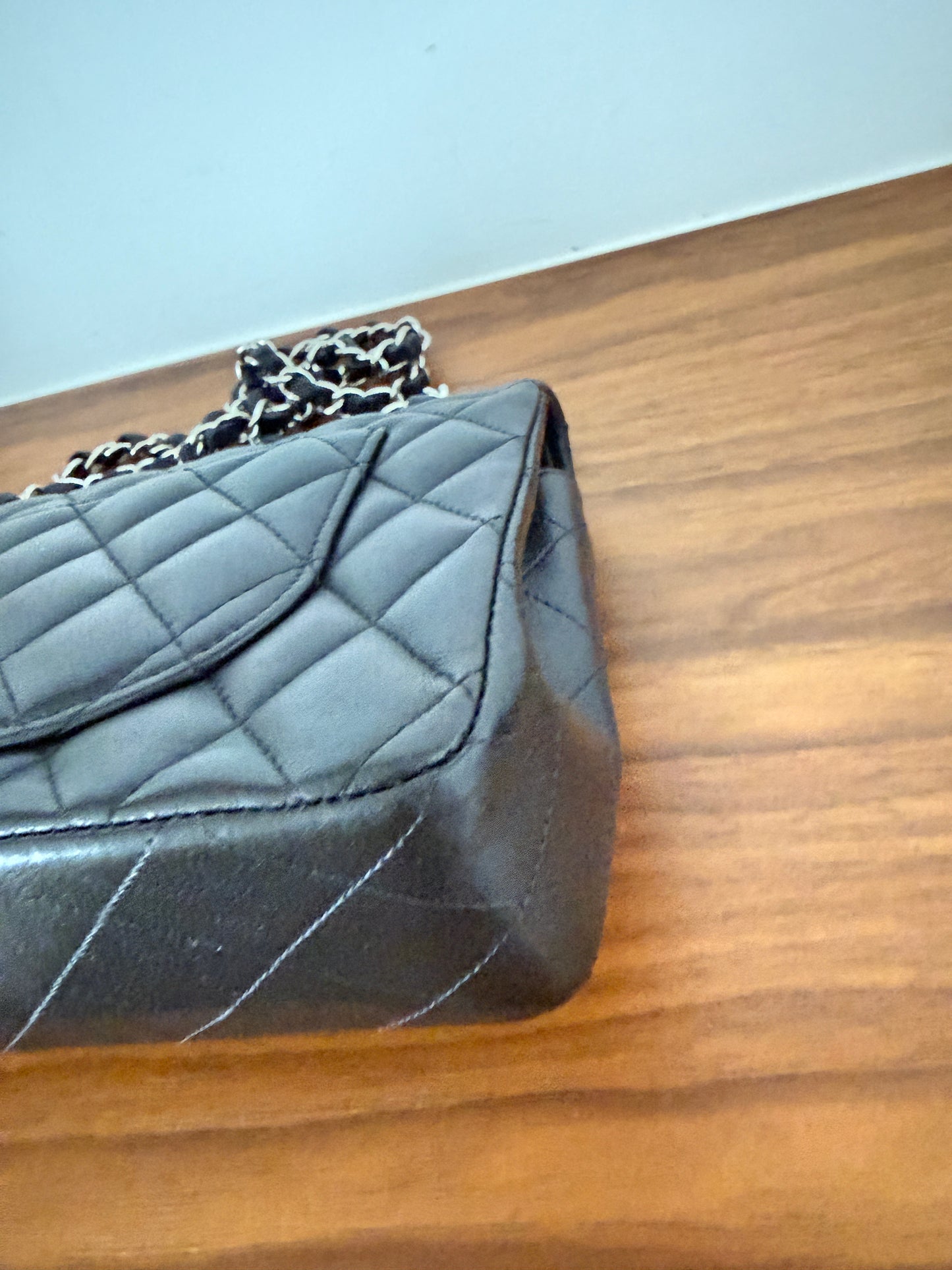 Chanel small double flap back right corner closeup of excellent condition