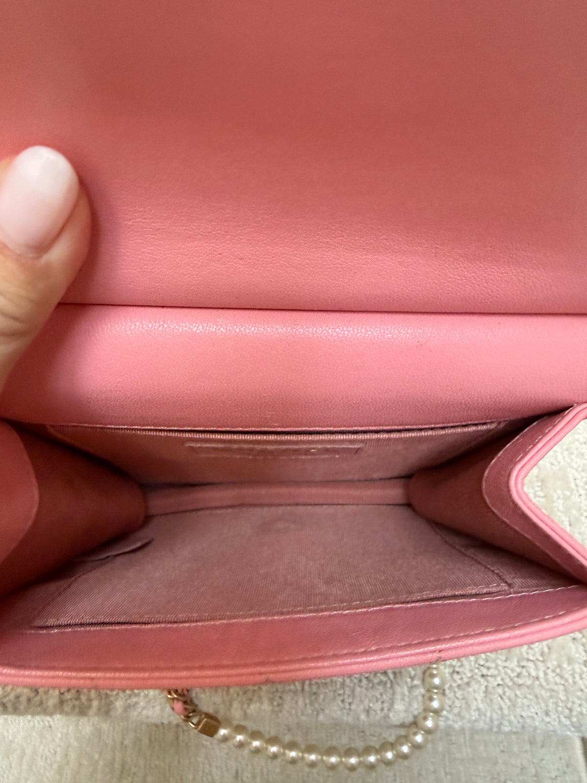 interior view of chanel chic flap pink for sale consignment