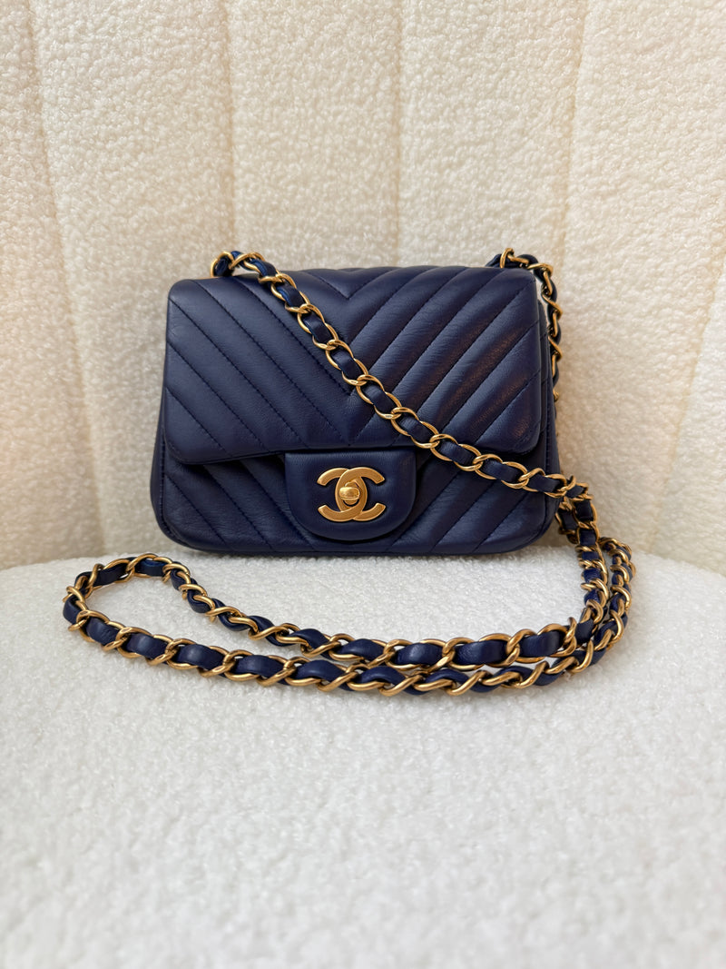 Chanel Lambskin Chevron Quilted Mini Square Flap Navy Blue