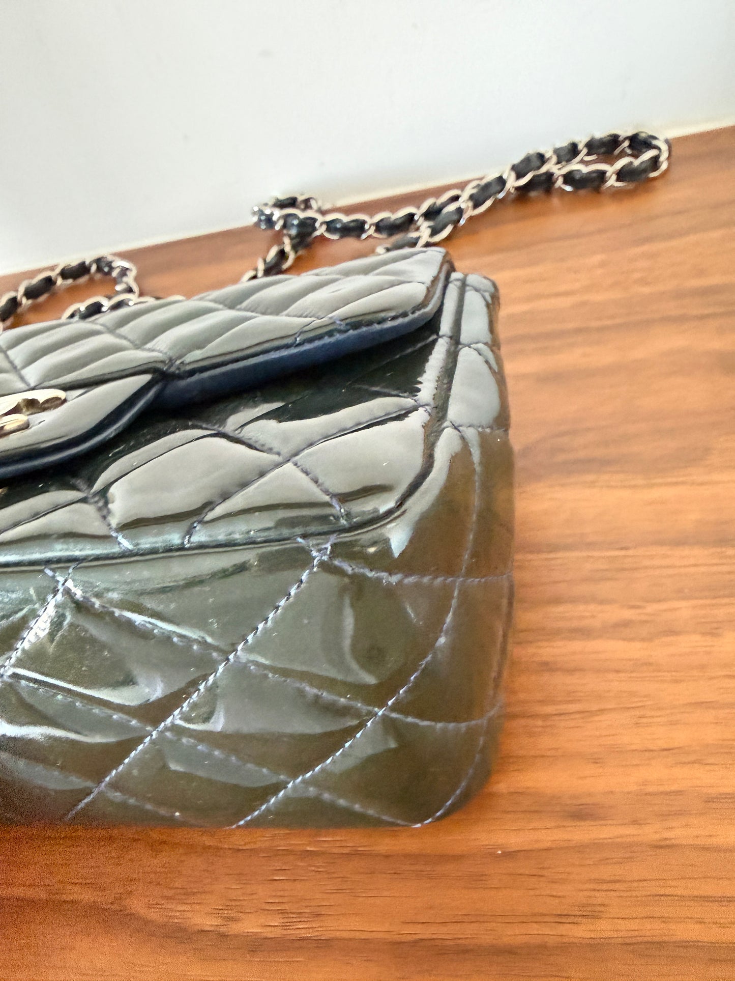 Chanel mini square Classic Flap in Navy patent with silver hardware