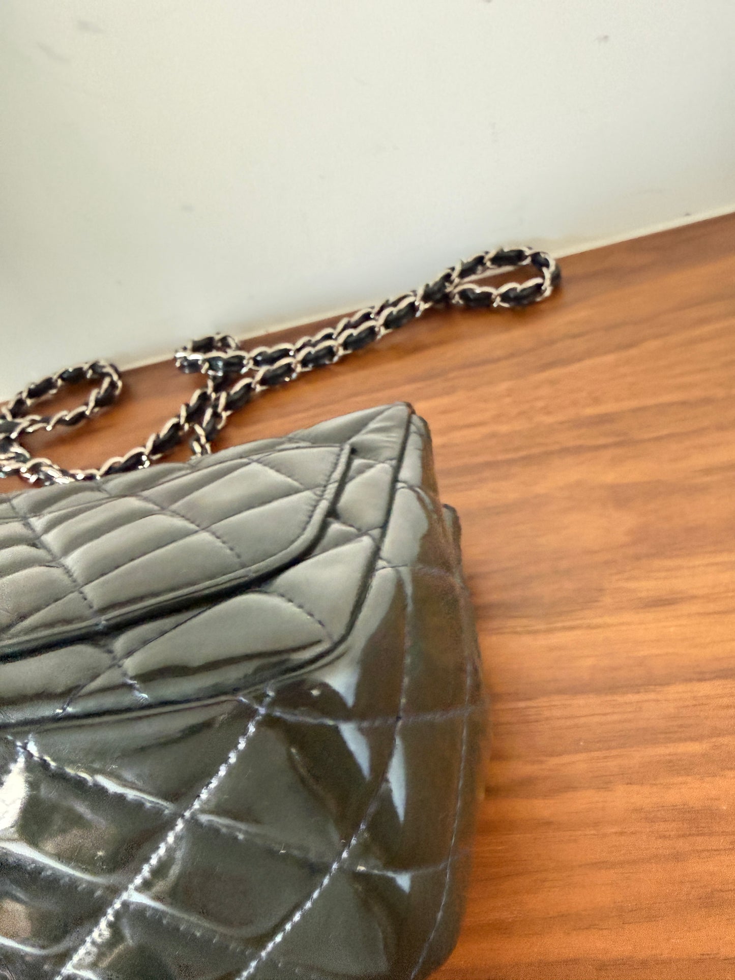 Chanel mini square Classic Flap in Navy patent with silver hardware