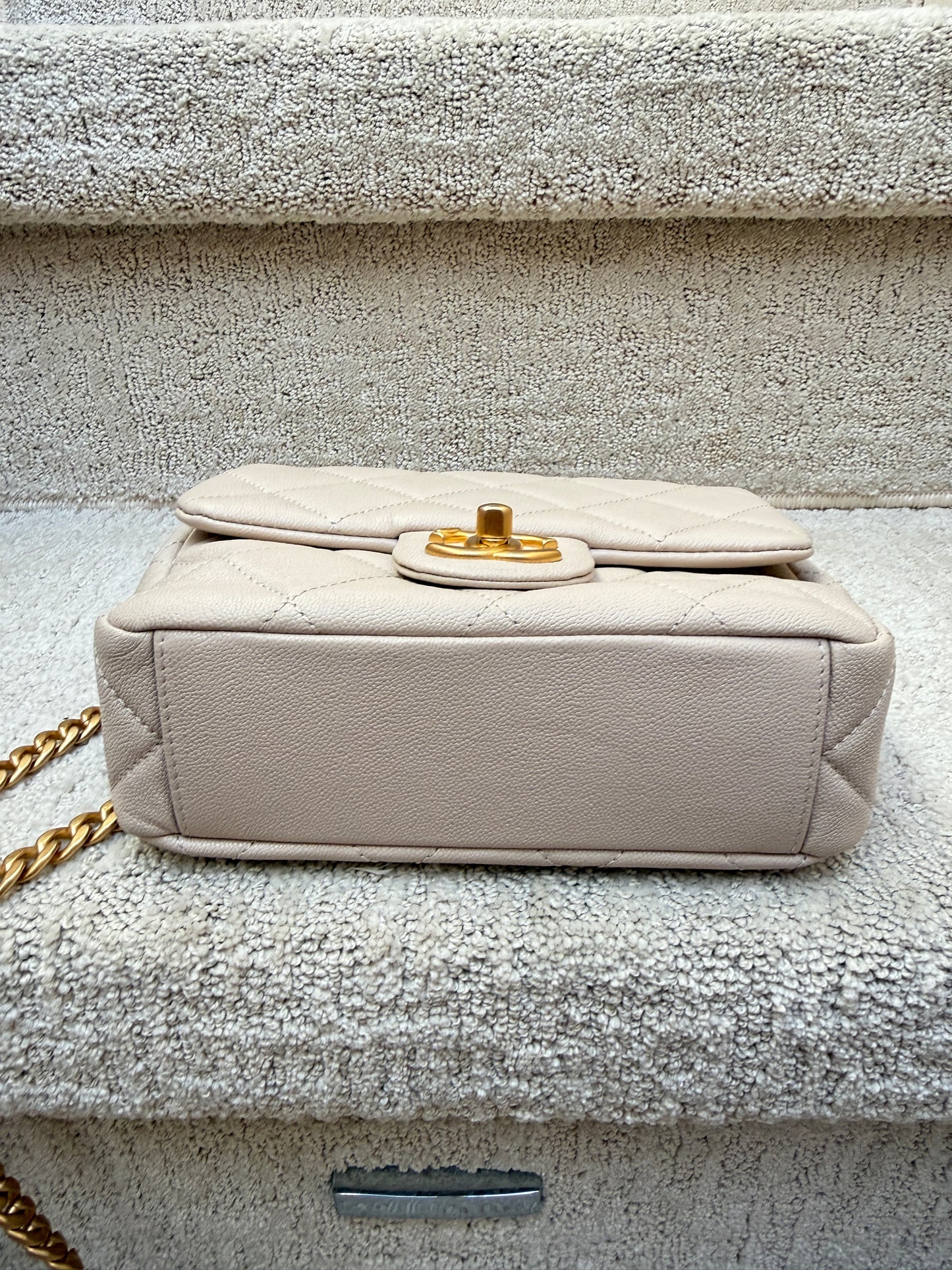 Chanel Shiny Caviar Quilted Mini Top Handle Flap Ecru