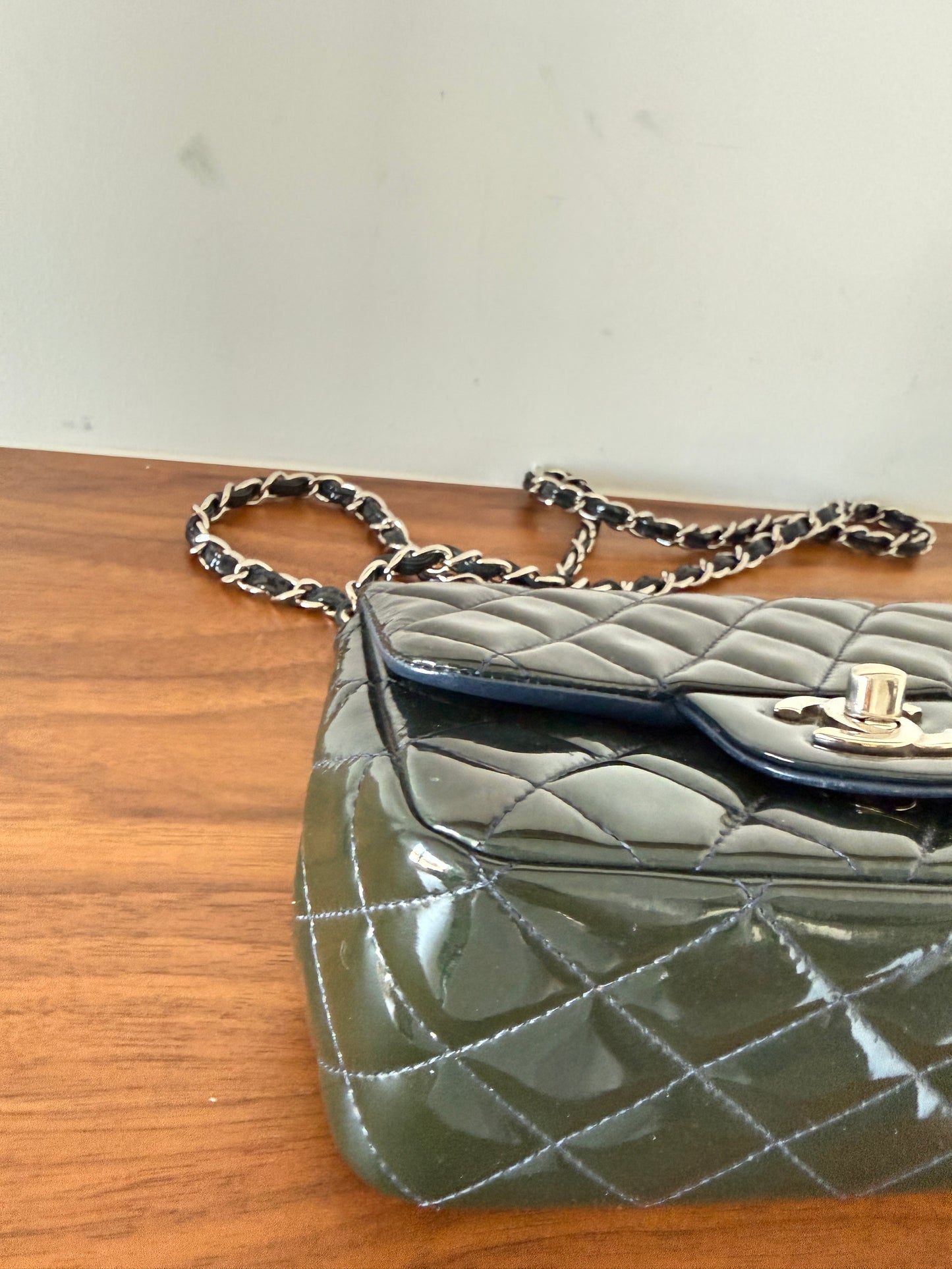 Chanel mini square Classic Flap in Navy patent with silver hardware