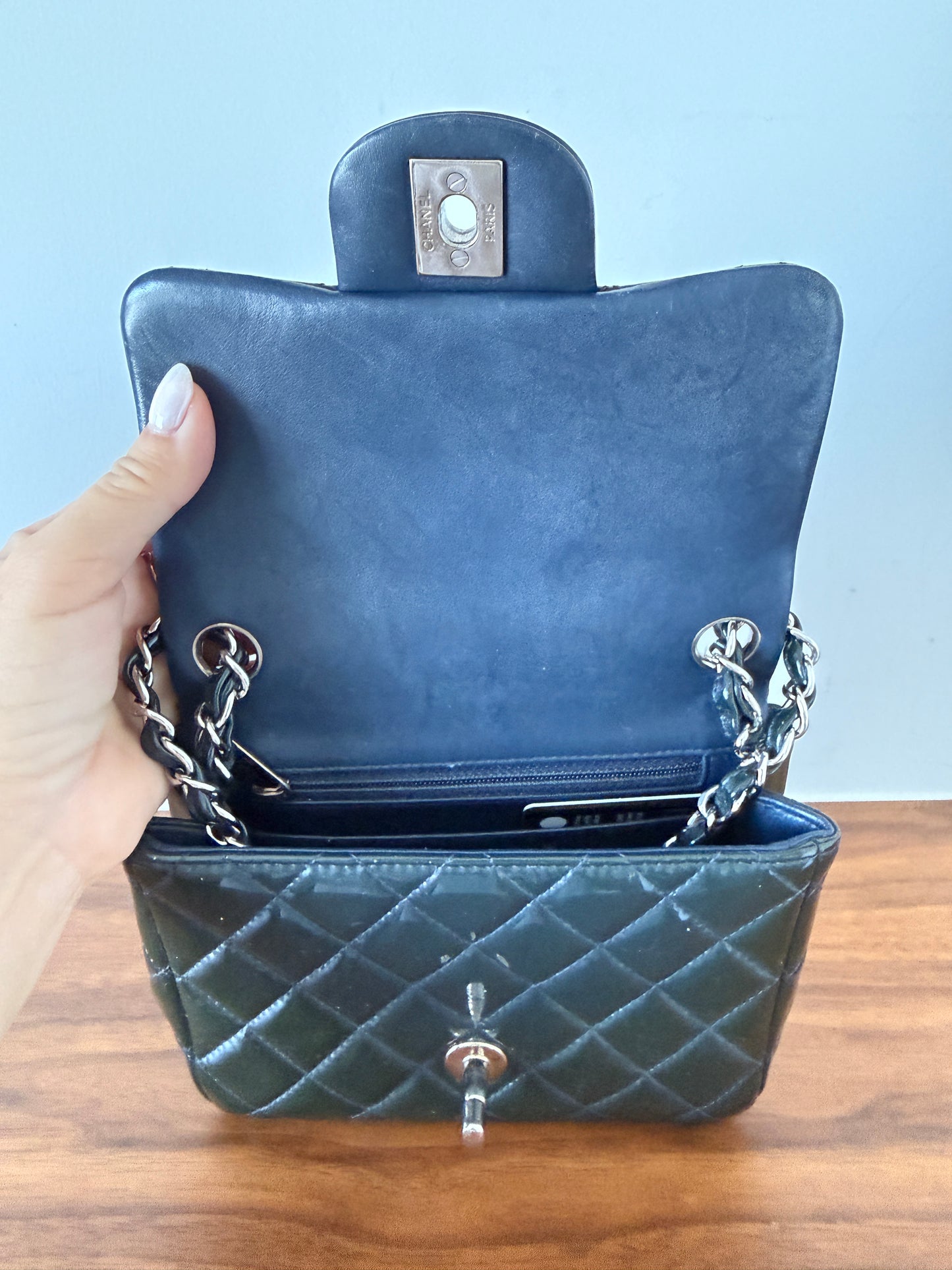 Chanel mini square Classic Flap in Navy patent with silver hardware
