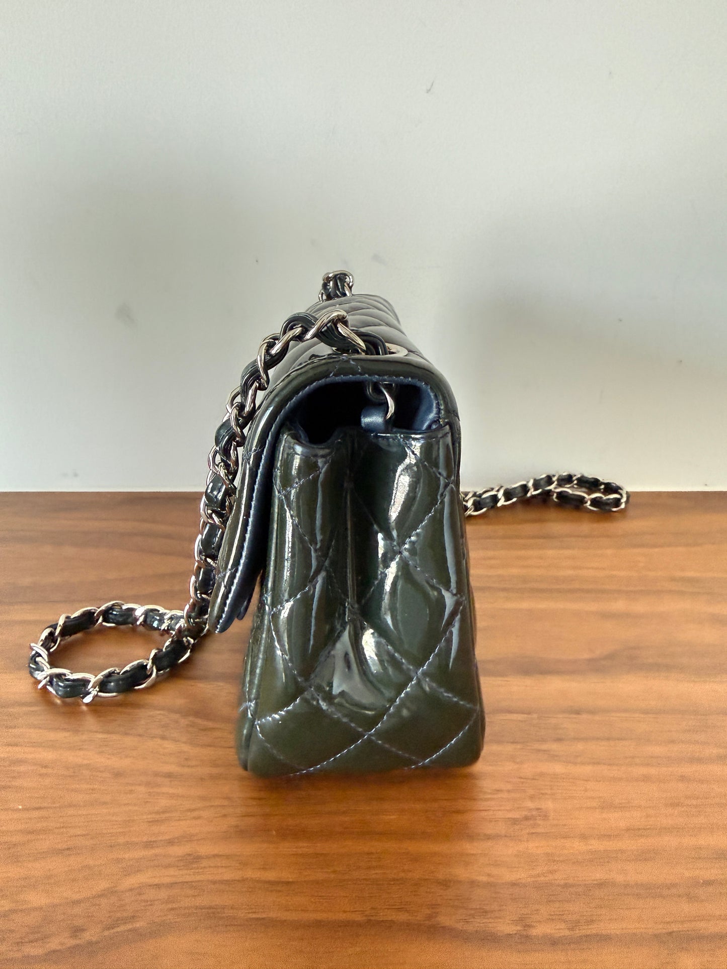 Chanel mini square Classic Flap in Navy patent with silver hardware