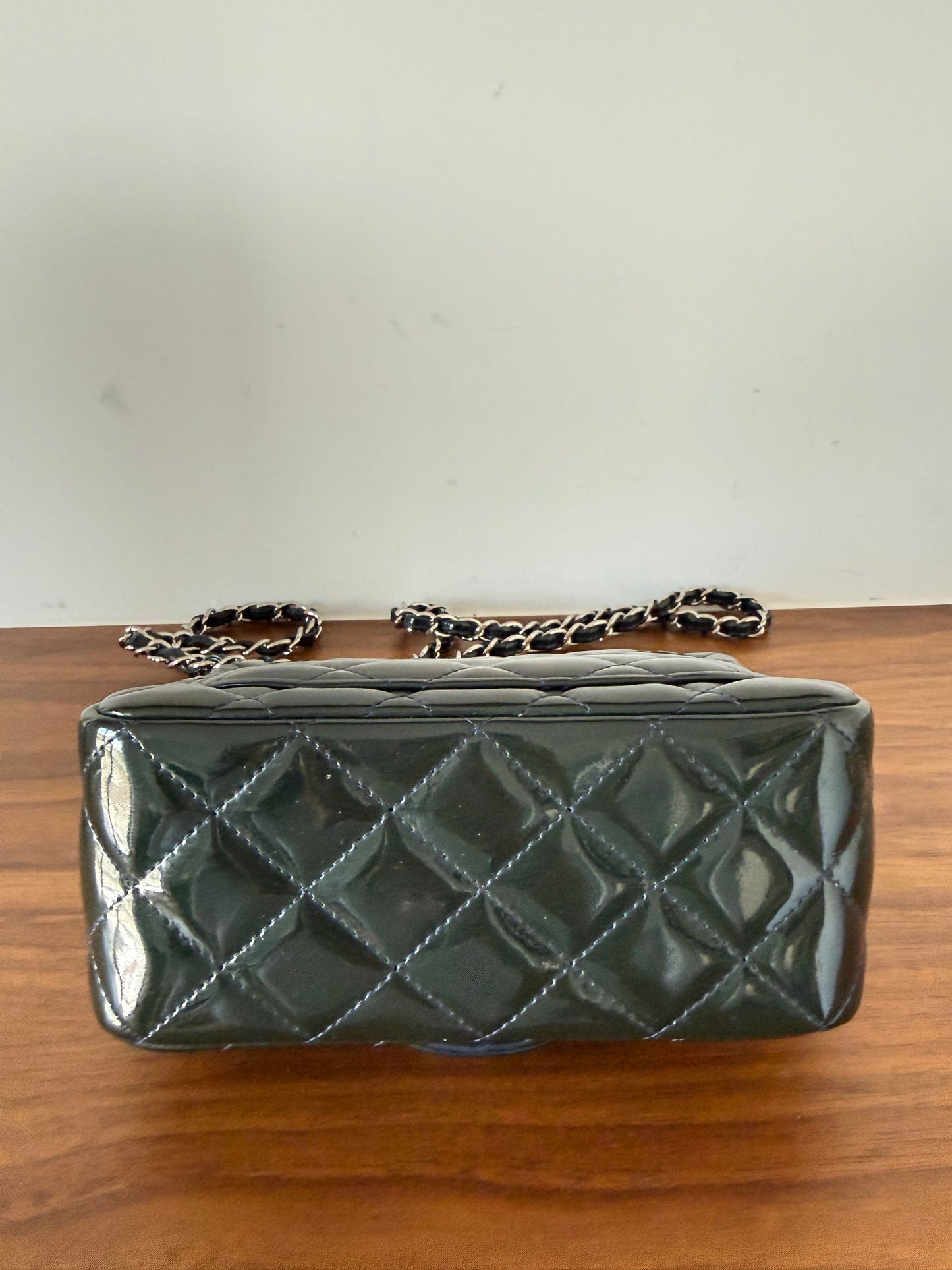Chanel mini square Classic Flap in Navy patent with silver hardware