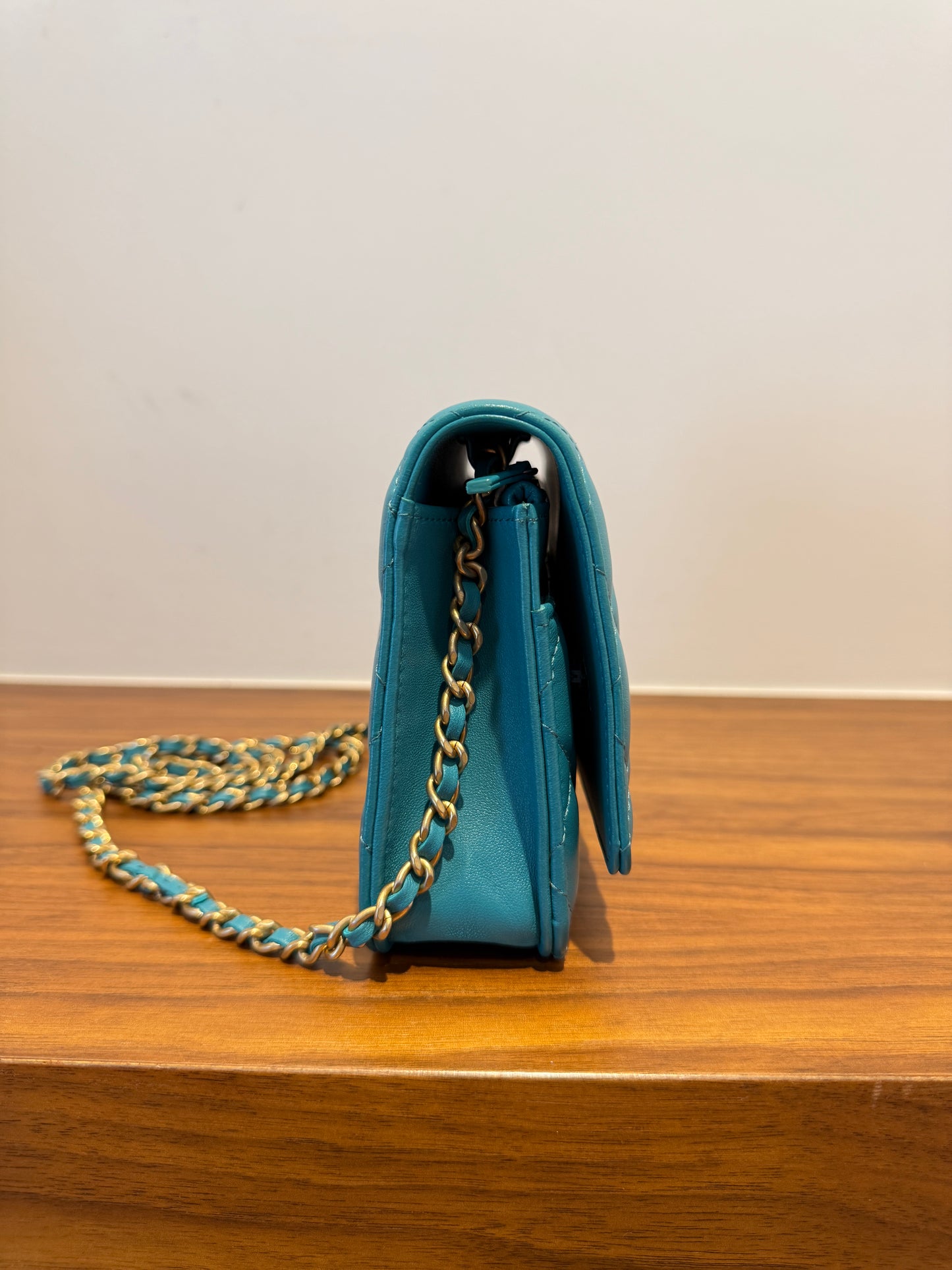 Chanel Lambskin Quilted Wallet on Chain WOC in Turquoise