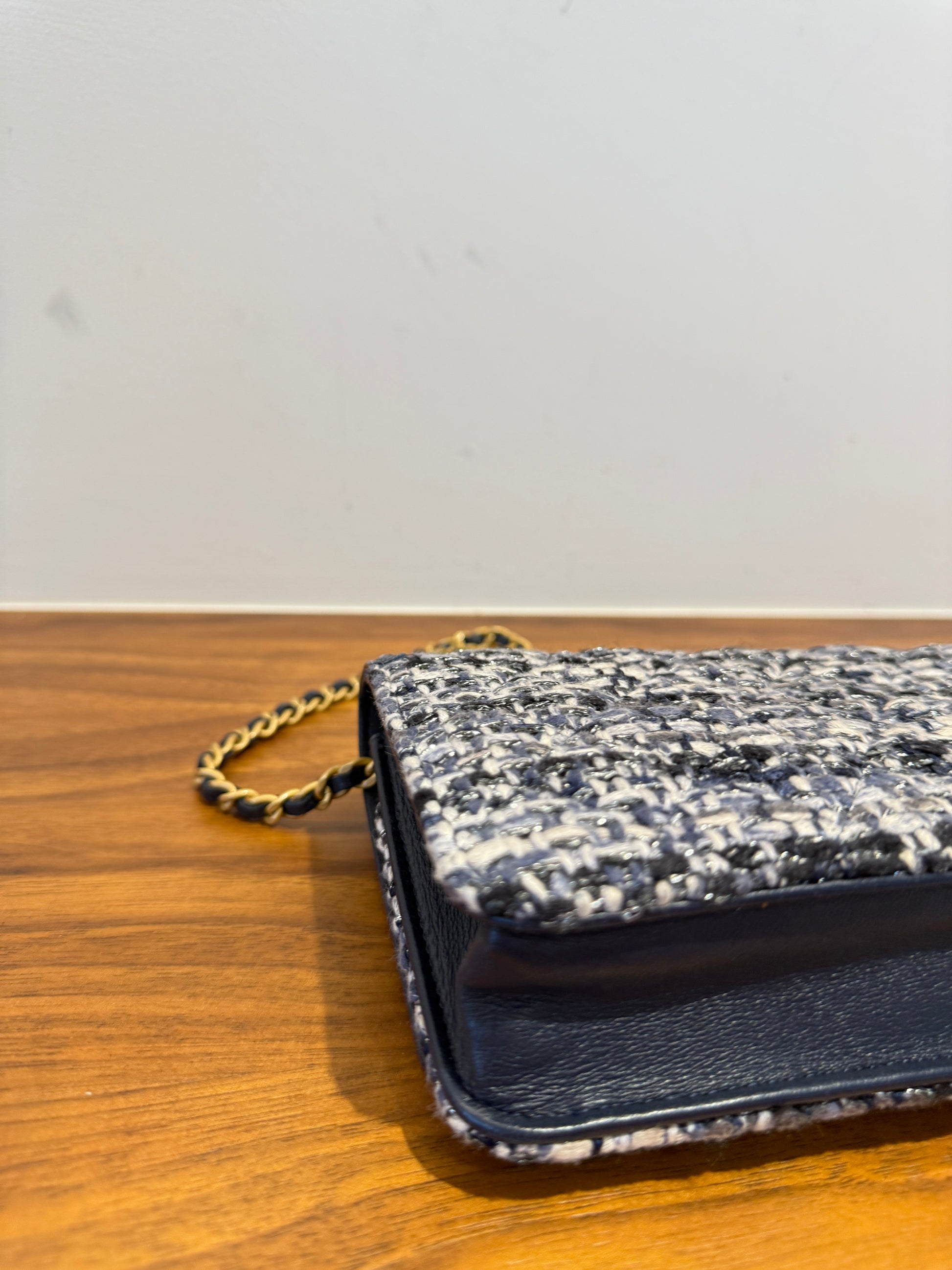 chanel wallet on chain in tweed corner shown in perfect condition with gold hardware