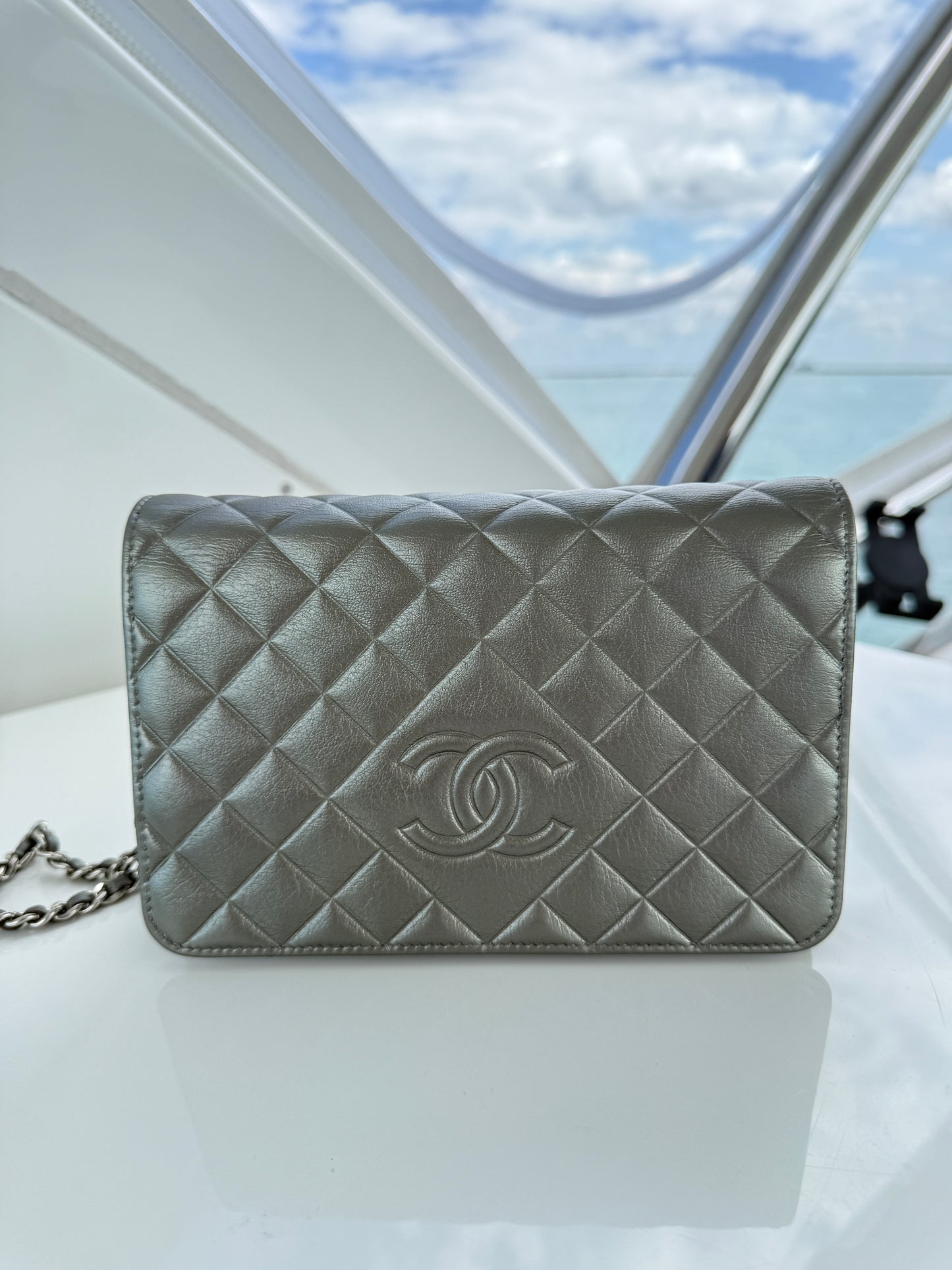 Chanel Wallet on Chain in Metallic Gray Lambskin