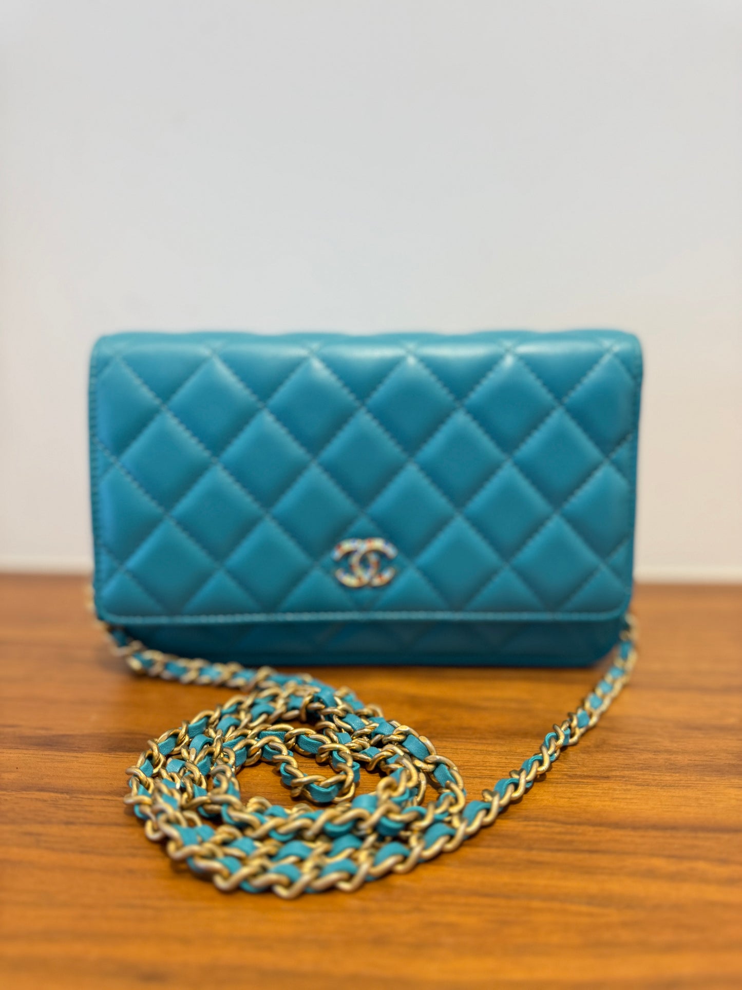 Chanel Lambskin Quilted Wallet on Chain WOC in Turquoise