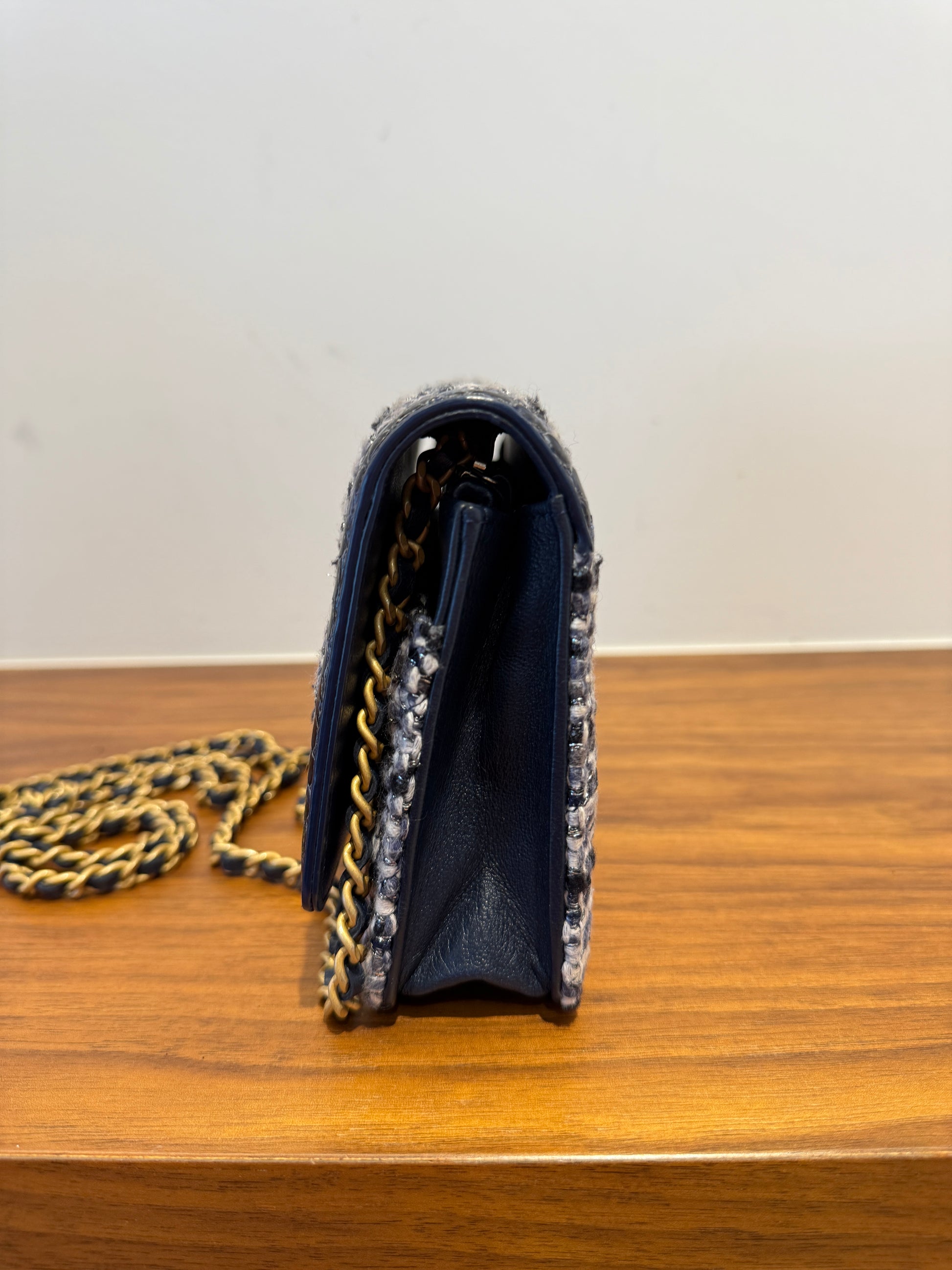 chanel wallet on chainin tweed and navy watersnake side view of like new purse