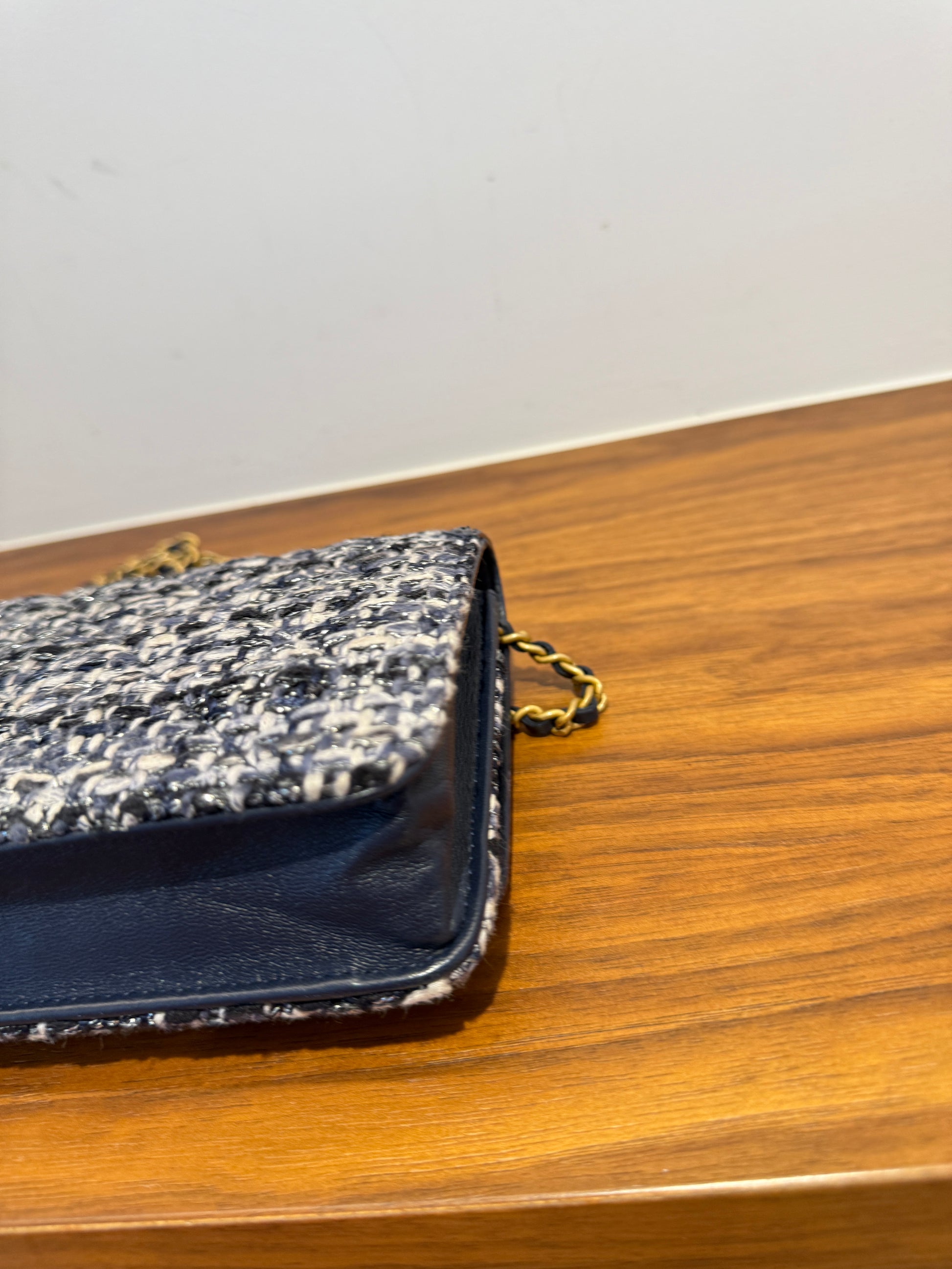 chanel luxury designer tweed handbag back corner shown with no wear