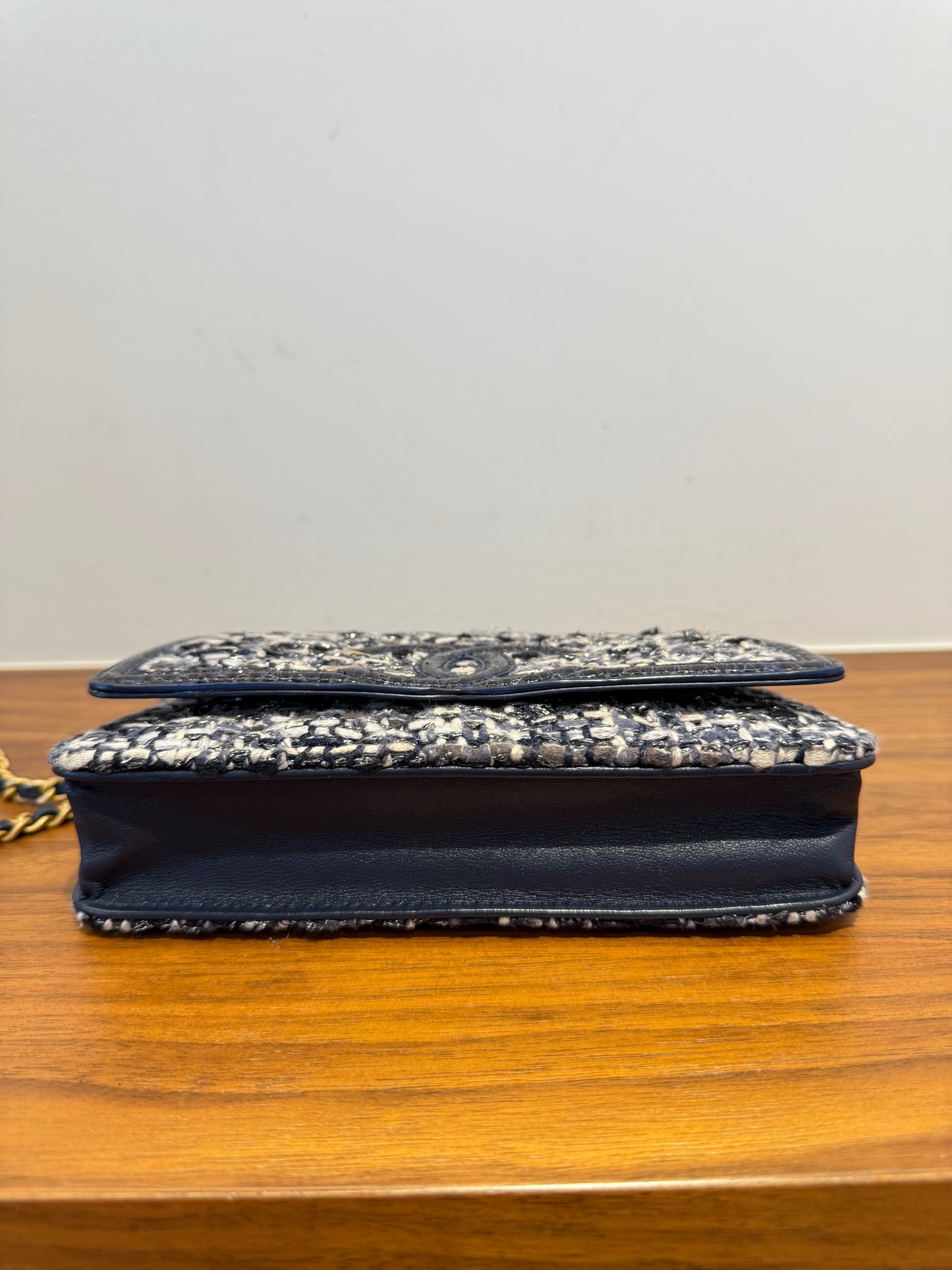 chanel wallet on chain bottom of handbag in navy leather shown in like new condition