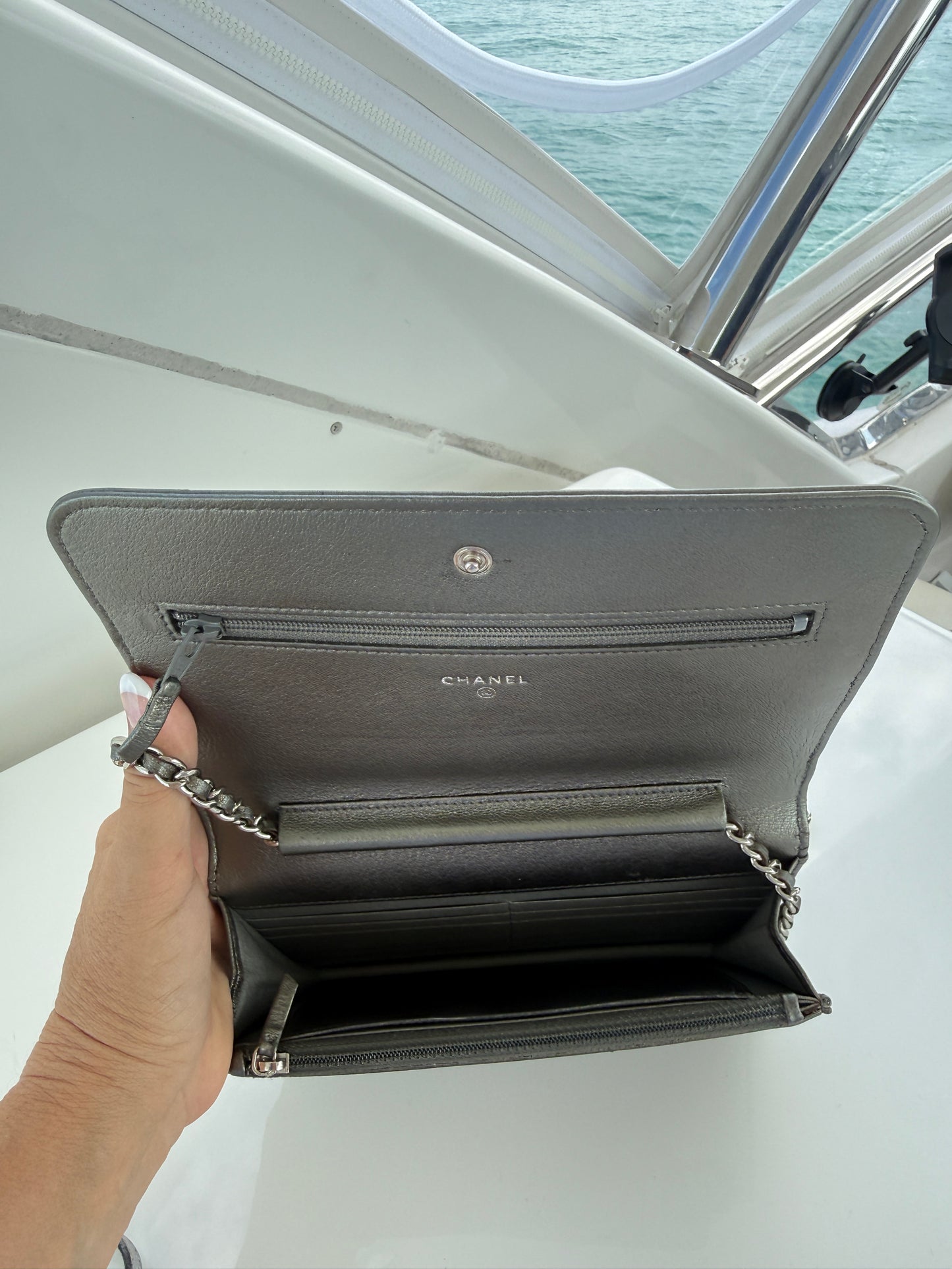 Chanel Wallet on Chain in Metallic Gray Lambskin