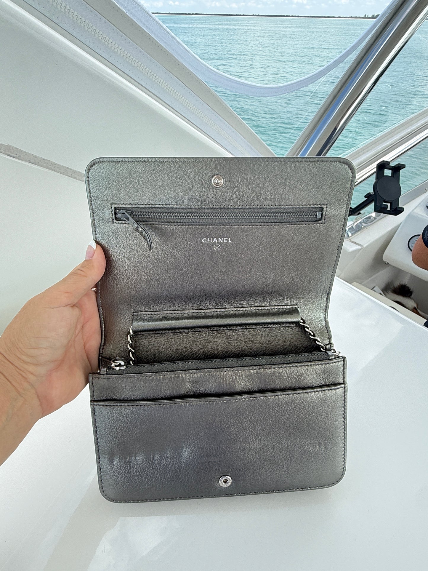 Chanel Wallet on Chain in Metallic Gray Lambskin