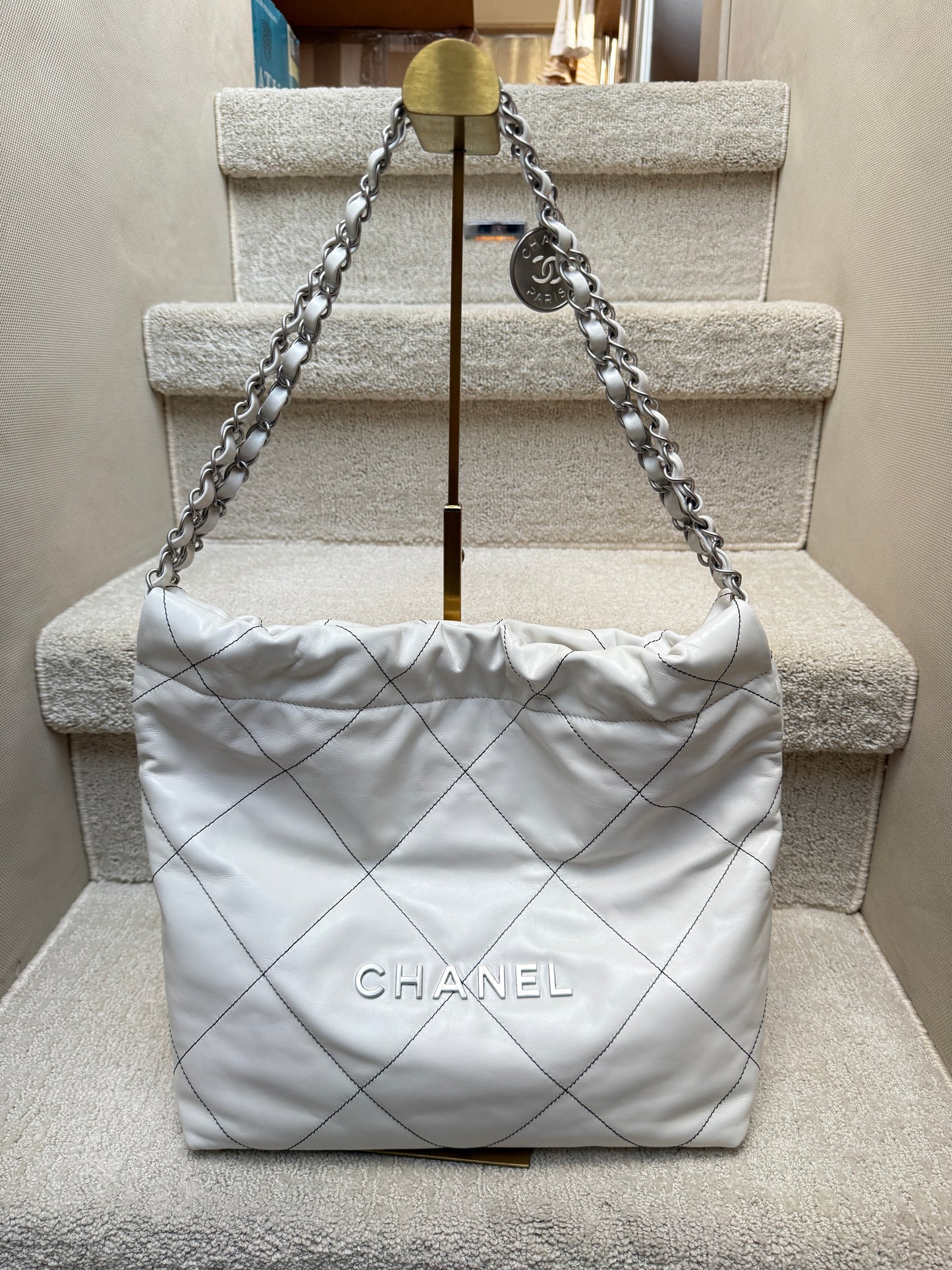 Chanel 22 hobo bag in white regular size full handbag view microchipped and for sale from purseonalshoppper
