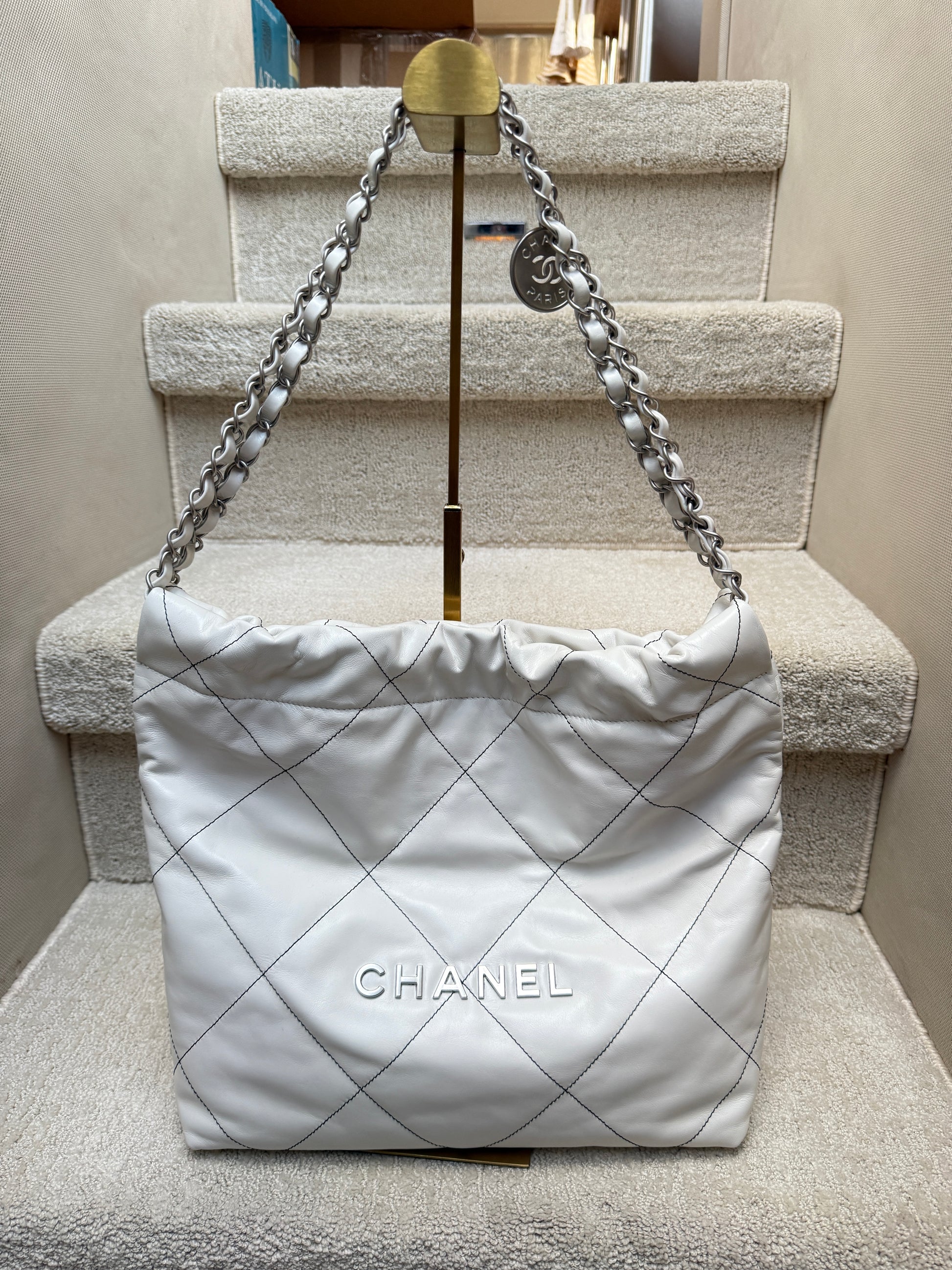 Chanel 22 hobo bag in white regular size full handbag view microchipped and for sale from purseonalshoppper