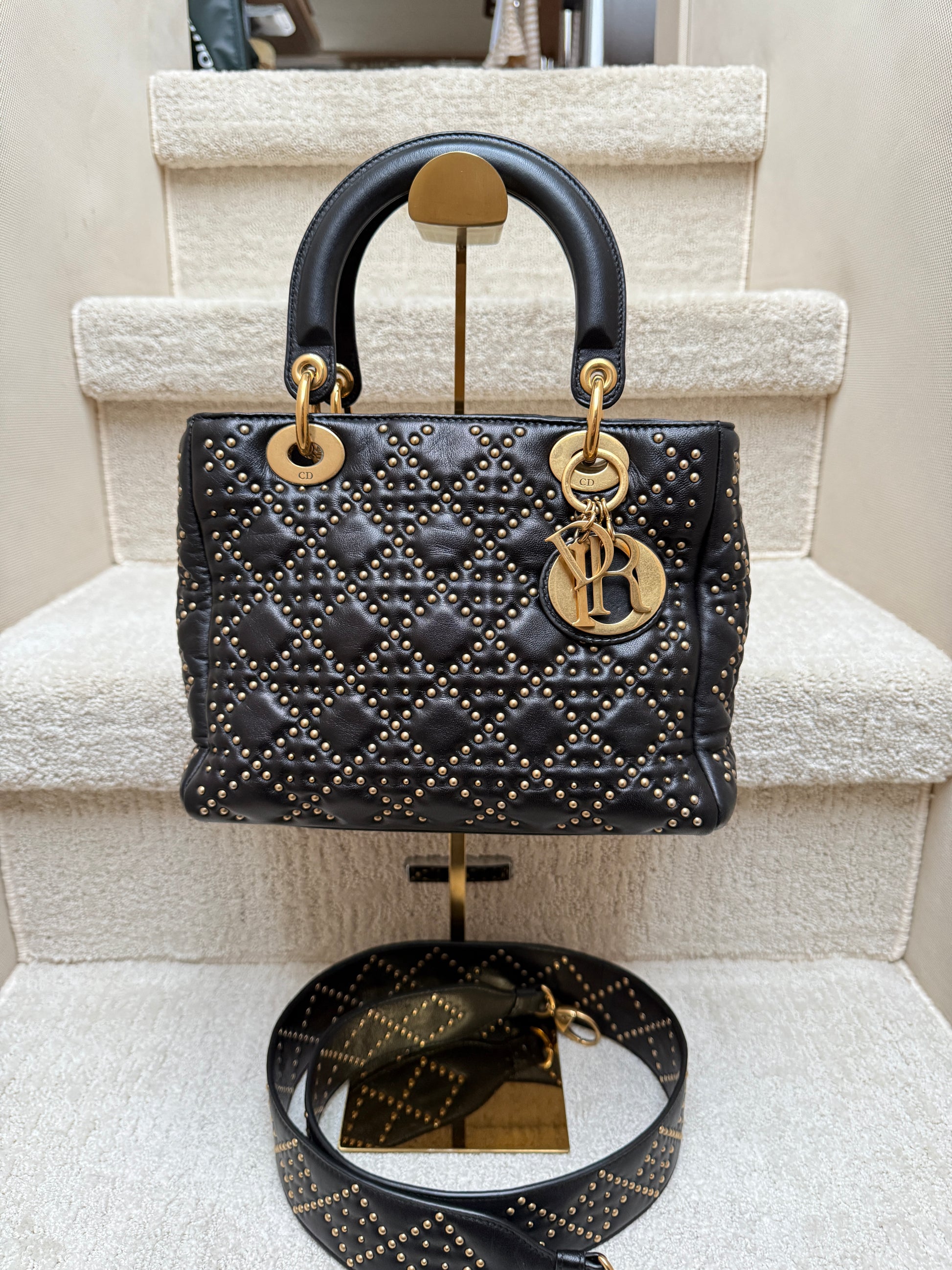 Lady Dior Medium Black with Studs Authentic and preloved for sale at purseonalshopper