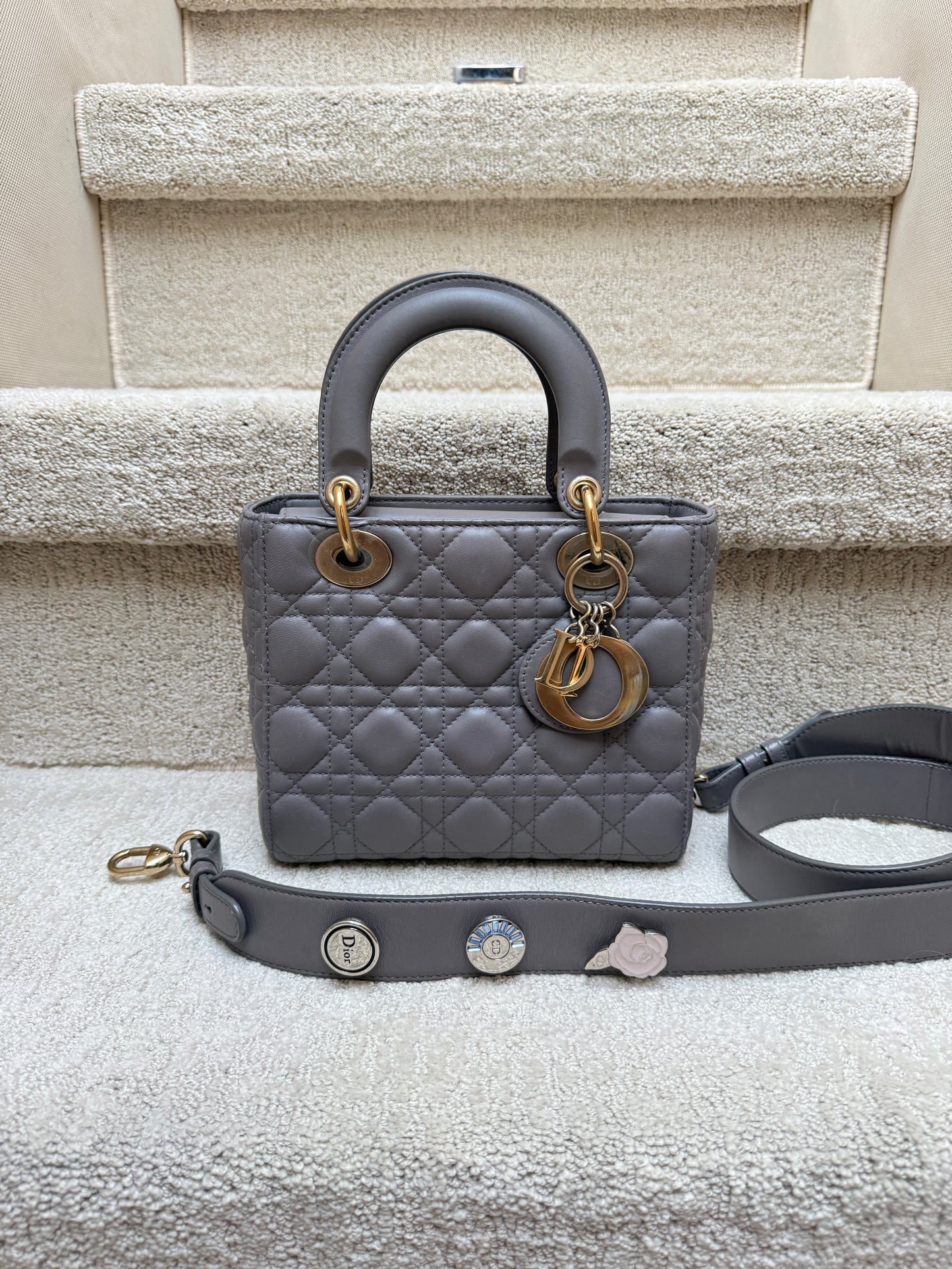 Christian Dior lady dior small abc handbag in grey with gold hardware authentic pre-owned full view