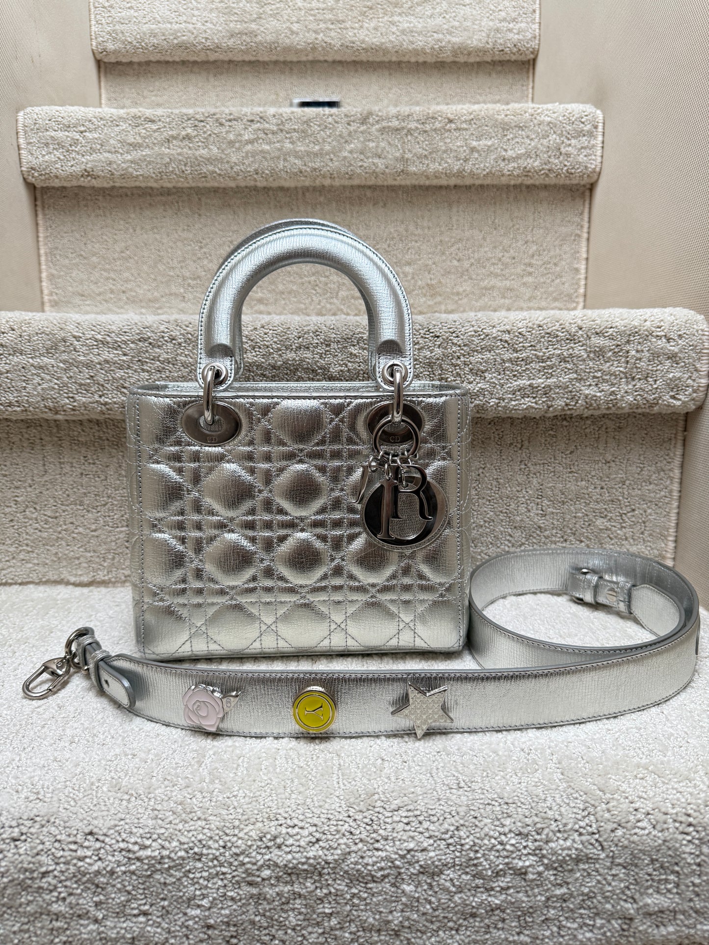 Dior Lady Dior small my ABC Handbag in silver cannage in excellent condition for resale from purseonalshopper