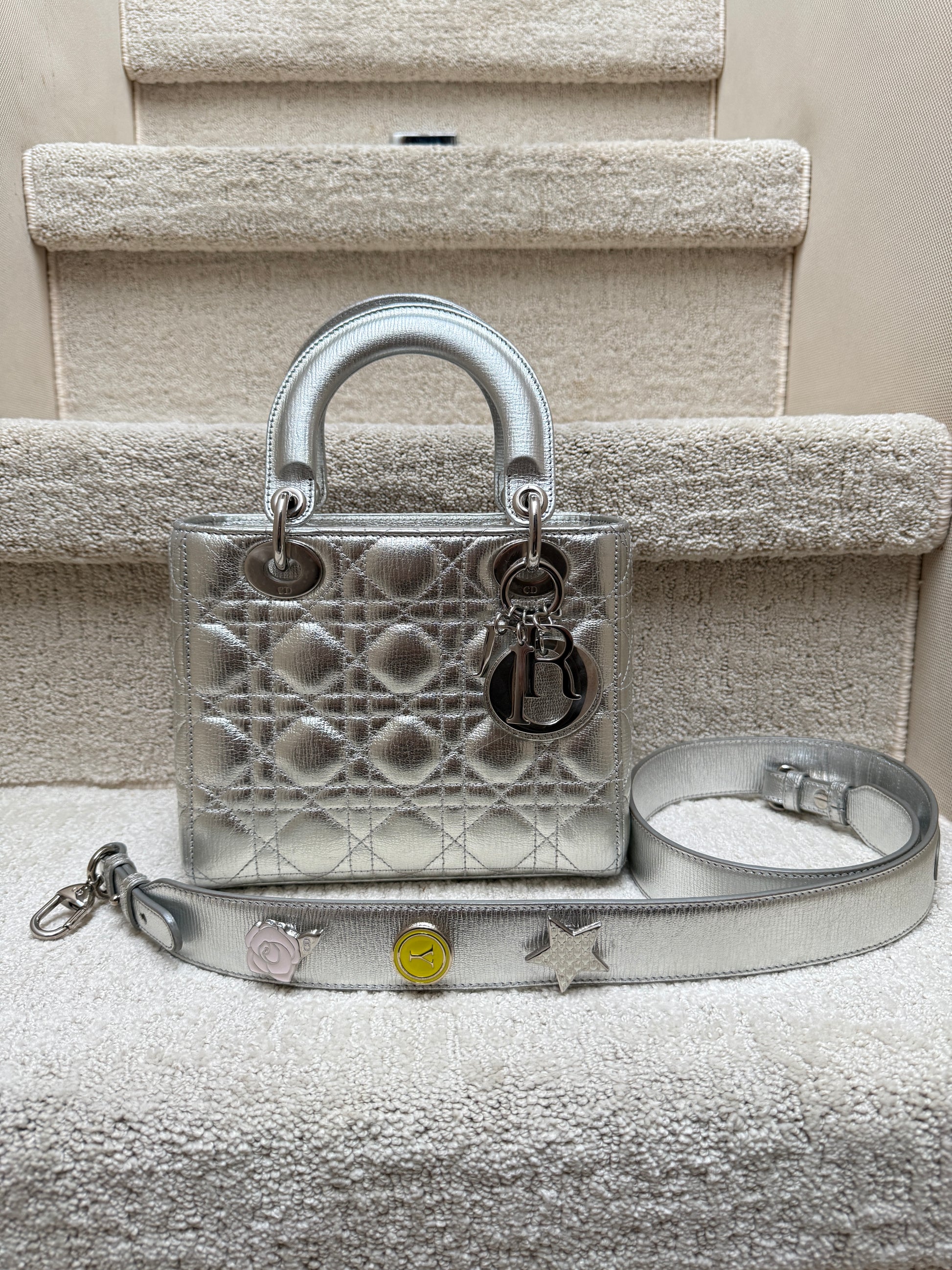 Dior Lady Dior small my ABC Handbag in silver cannage in excellent condition for resale from purseonalshopper