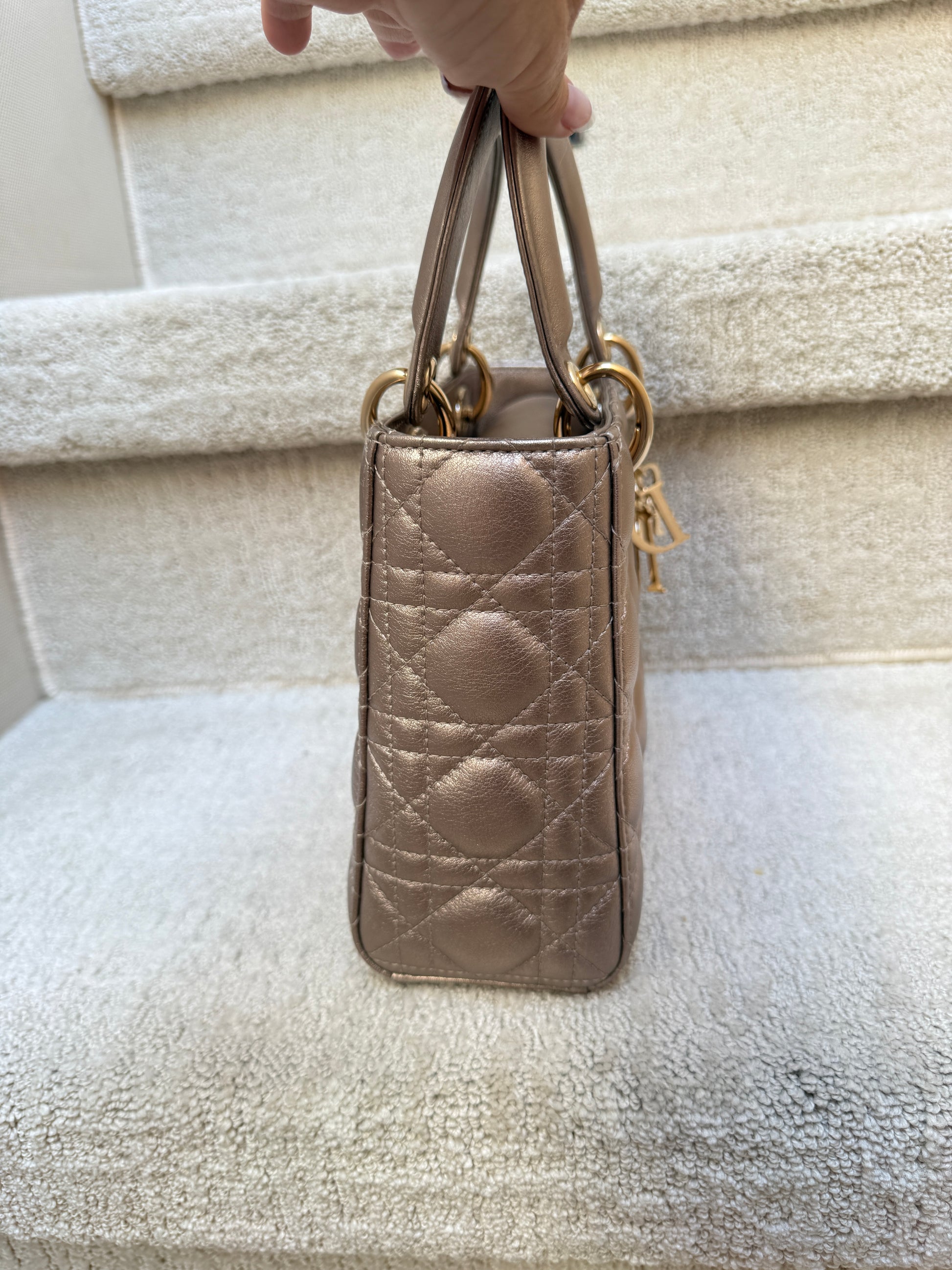 Lady dior size small lucky badges lambskin leather pink metallic used in excellent condition