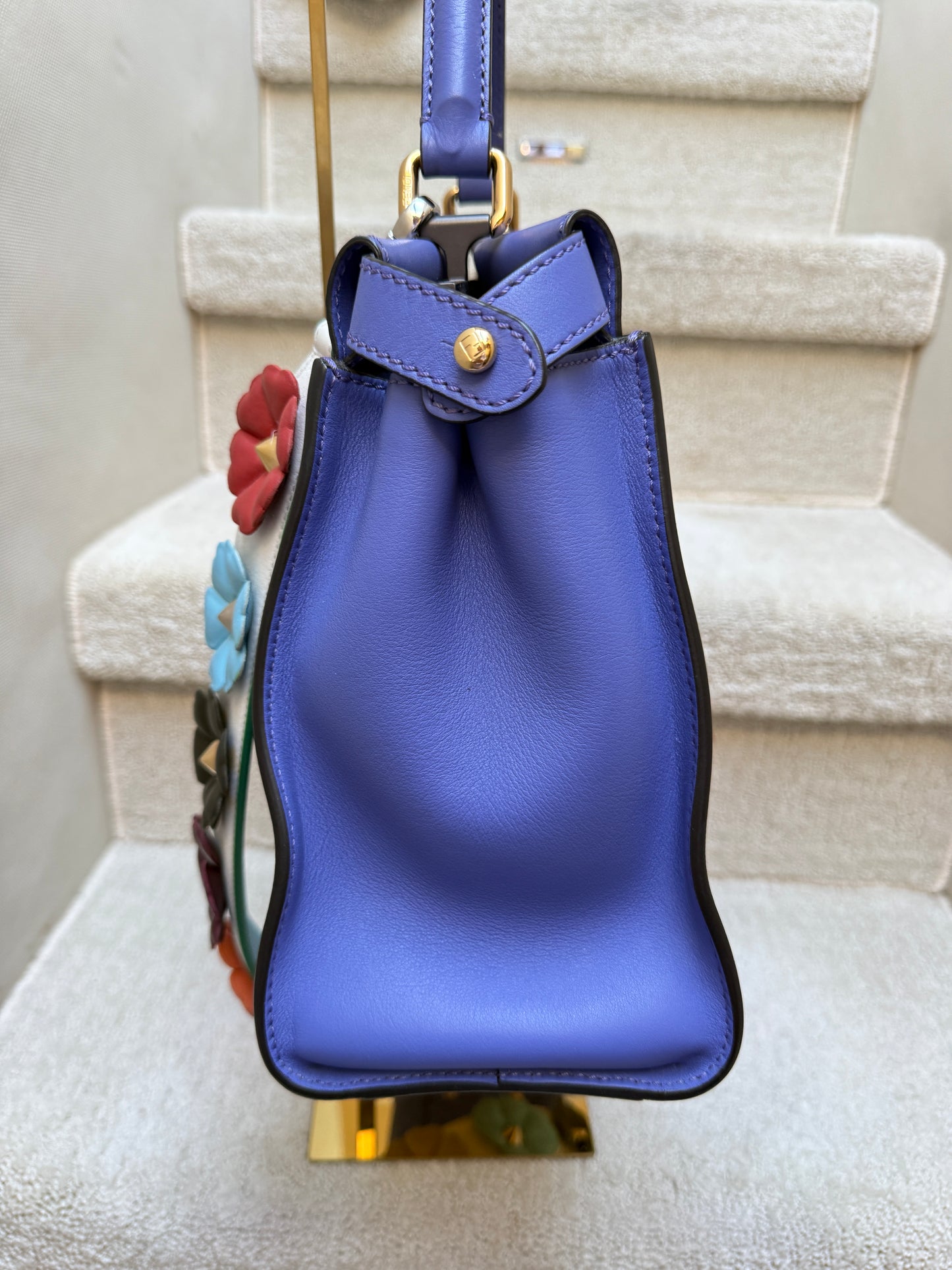 Fendi Vitello Medium Peekaboo Iconic Satchel Violet Soft with optional flowerland strap