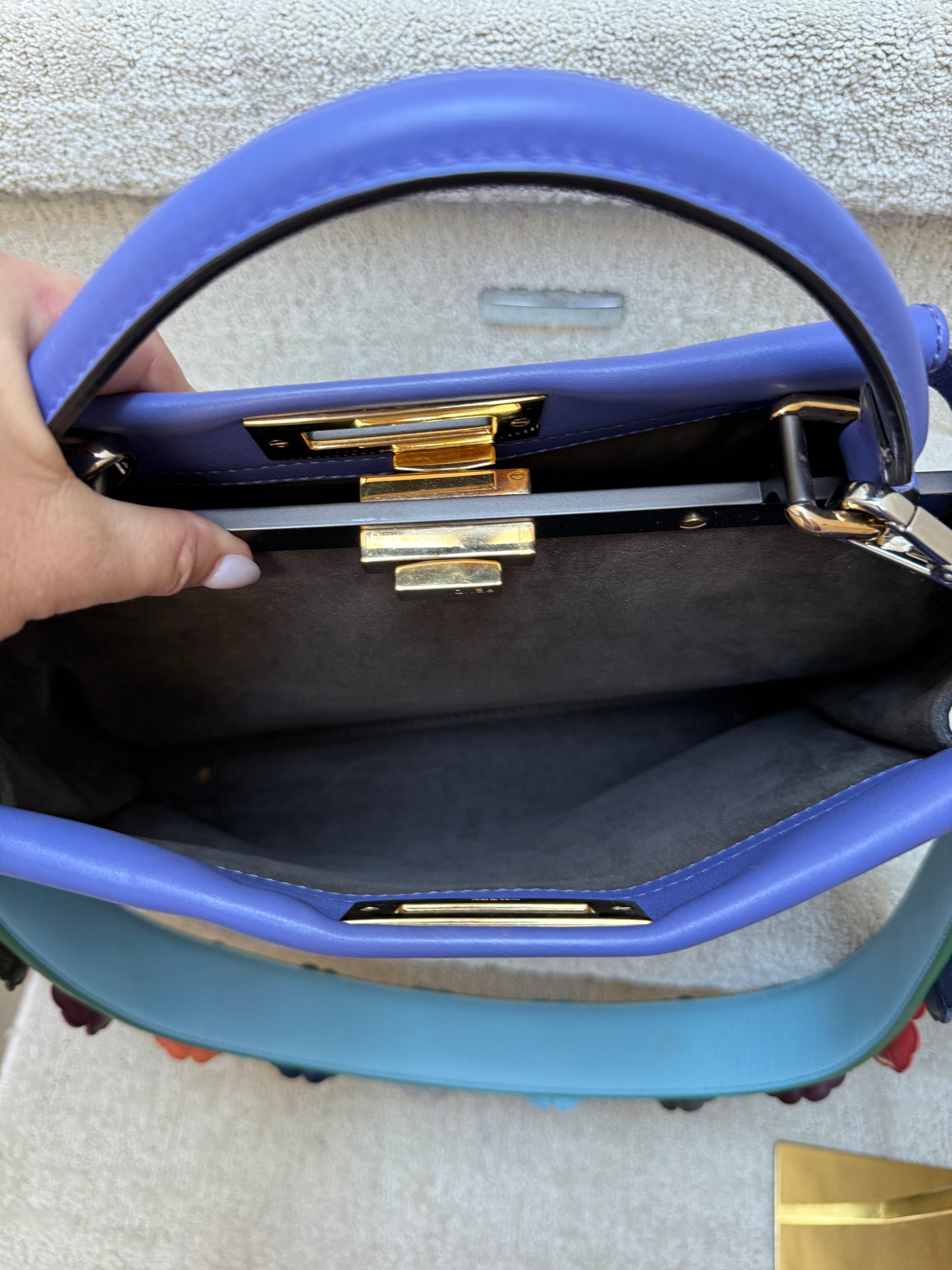 Fendi Vitello Medium Peekaboo Iconic Satchel Violet Soft with optional flowerland strap