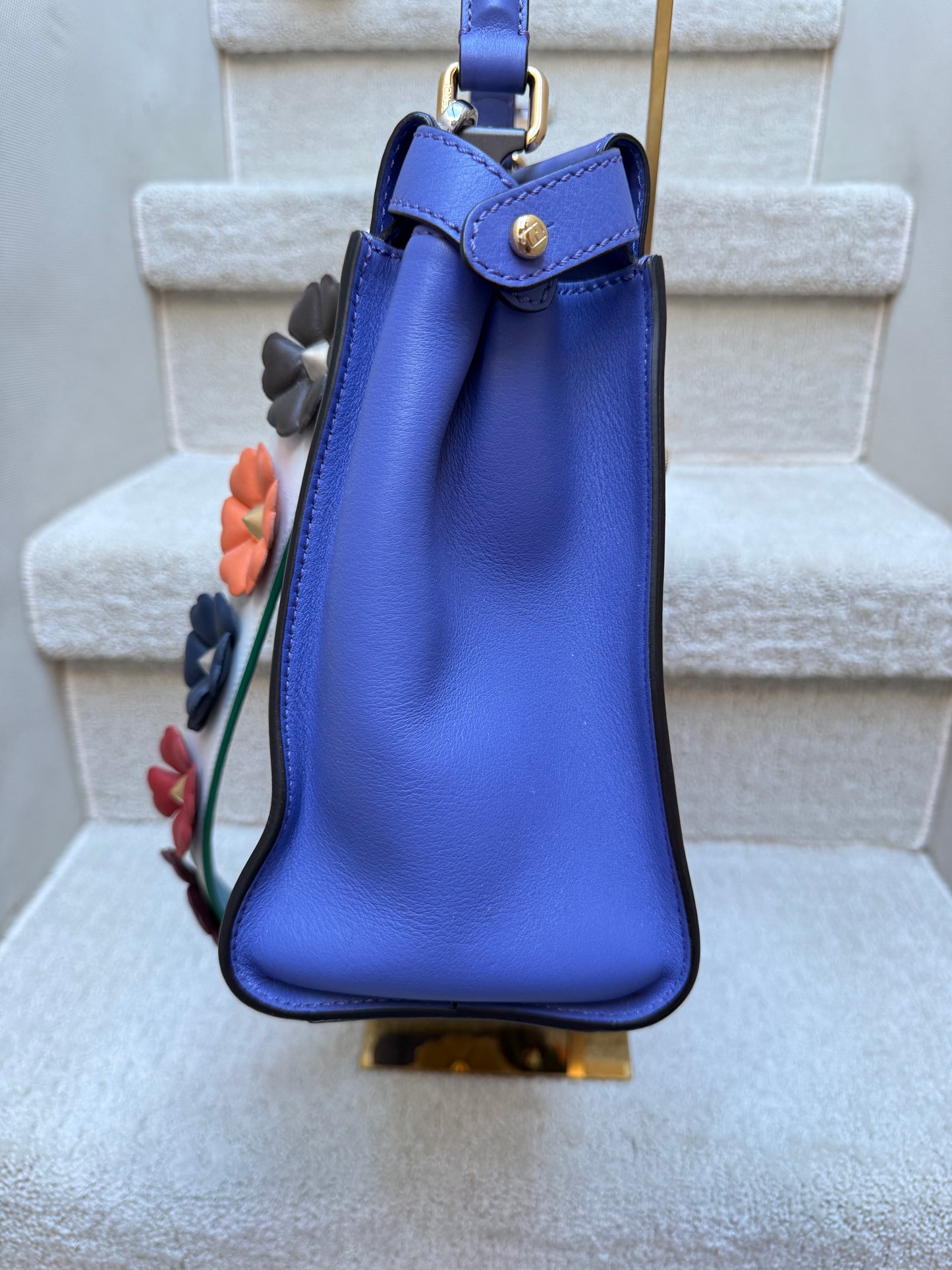 Fendi Vitello Medium Peekaboo Iconic Satchel Violet Soft with optional flowerland strap