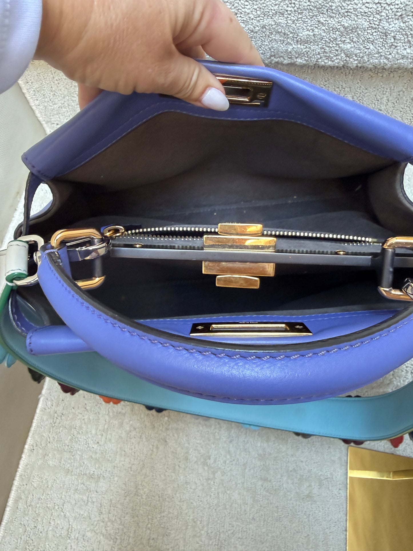 Fendi Vitello Medium Peekaboo Iconic Satchel Violet Soft with optional flowerland strap