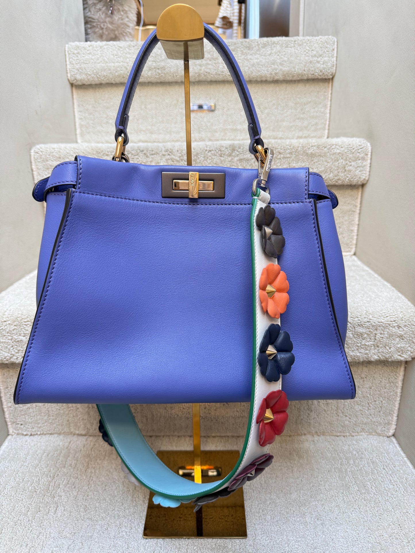 Fendi Vitello Medium Peekaboo Iconic Satchel Violet Soft with optional flowerland strap