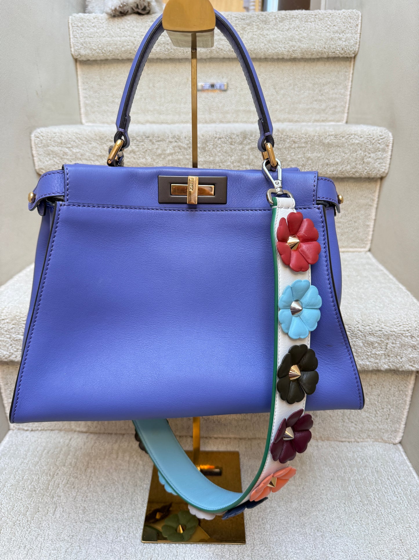 Fendi Vitello Medium Peekaboo Iconic Satchel Violet Soft with optional flowerland strap