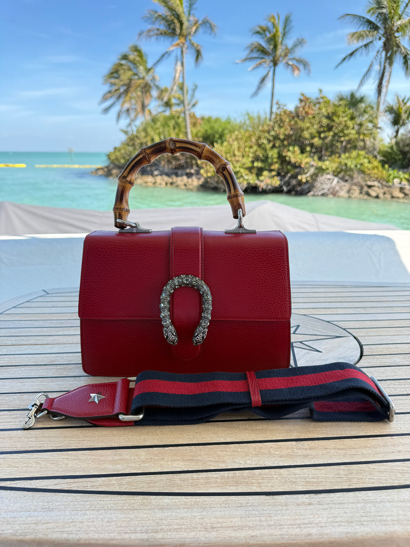 Gucci Moon Calfskin Web Medium Dionysus Bamboo Top Handle Bag Hibiscus Red