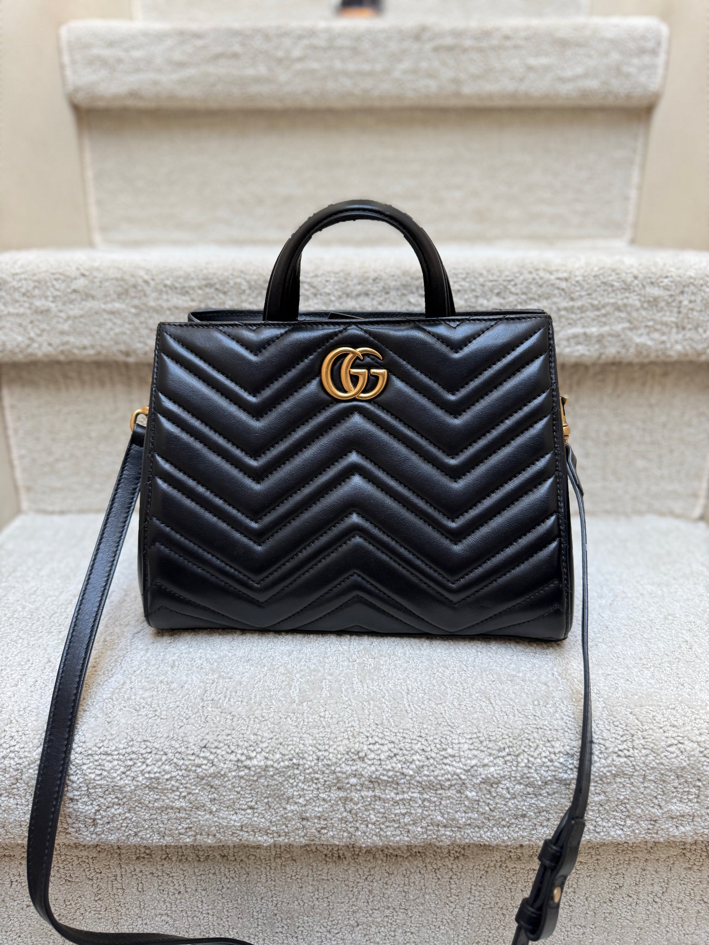Gucci Calfskin Matelasse Small GG Marmont Tote in Black