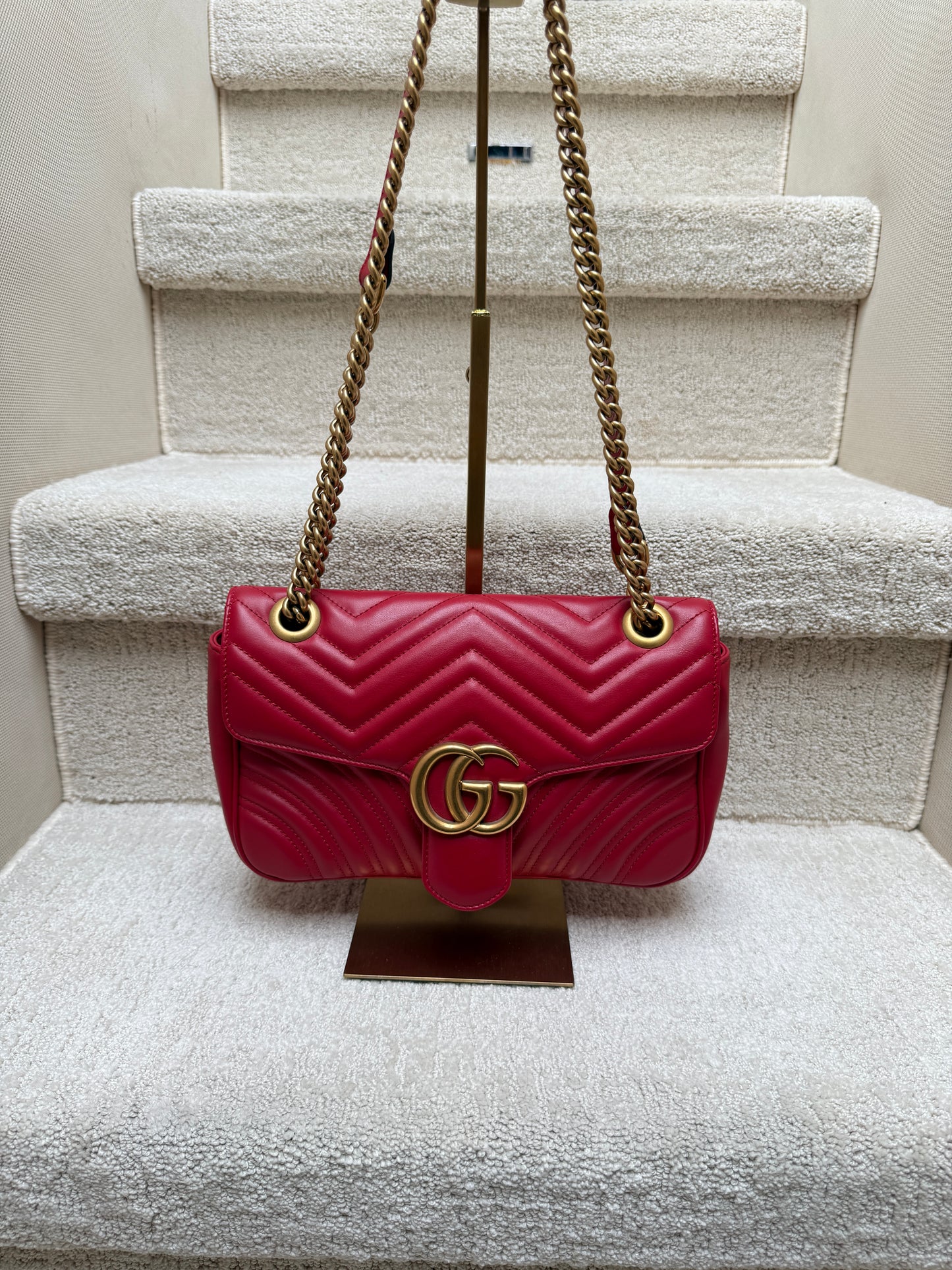 Gucci Calfskin Matelasse Small GG Marmont Shoulder Bag Red