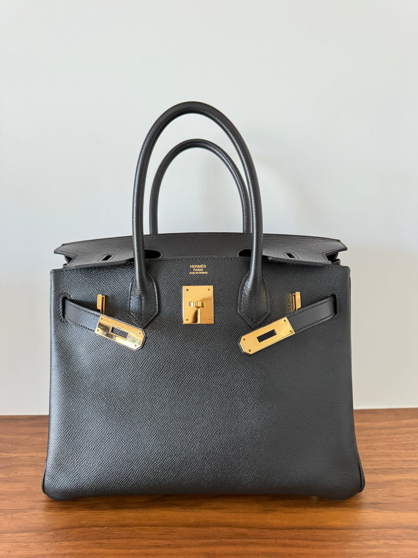 hermes birkin 30 shown with open gold hardware in excellent condition