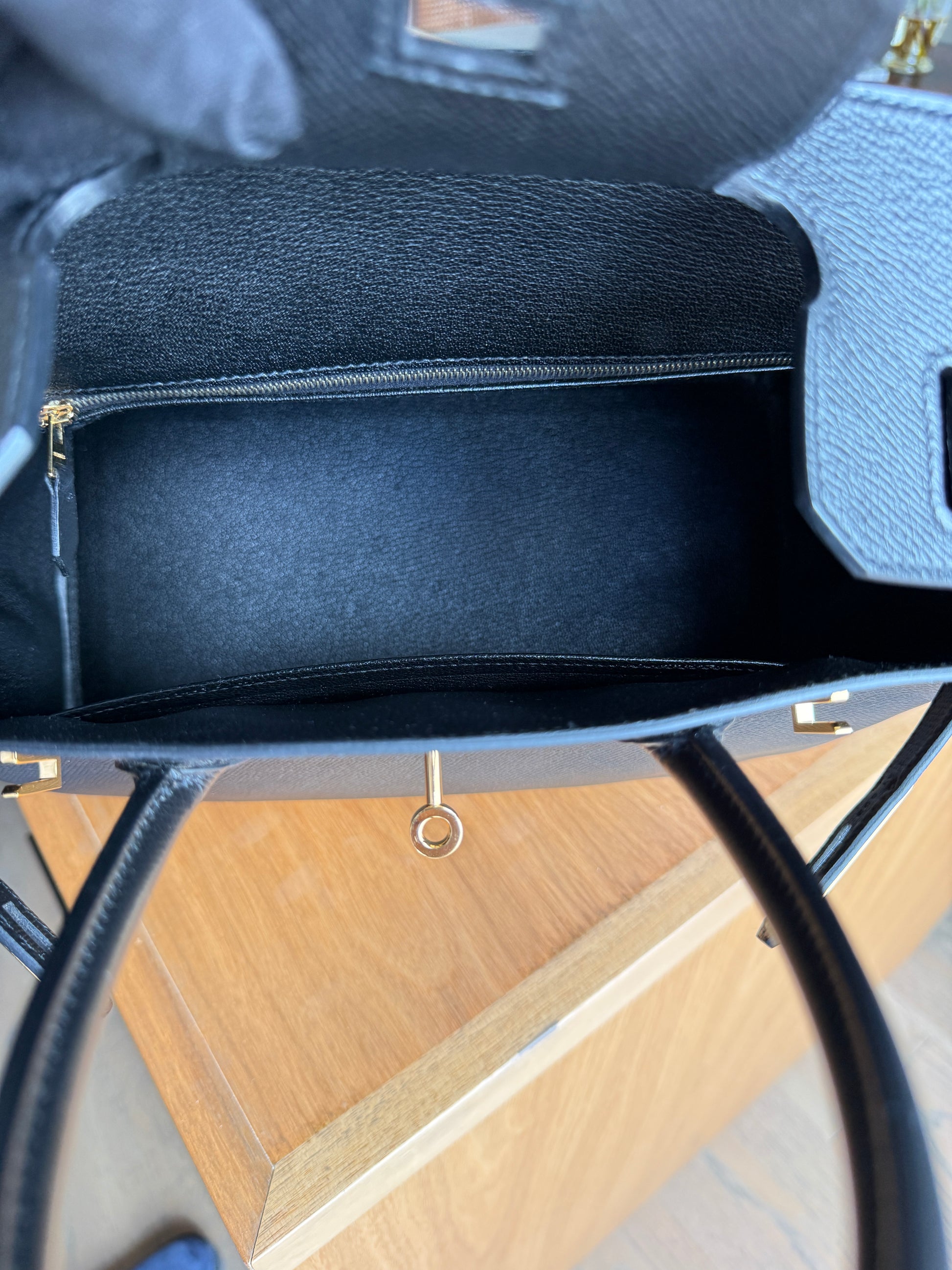 Interior photo of hermes birkin bag size 30 in black epsom for sale from purseonalshopper