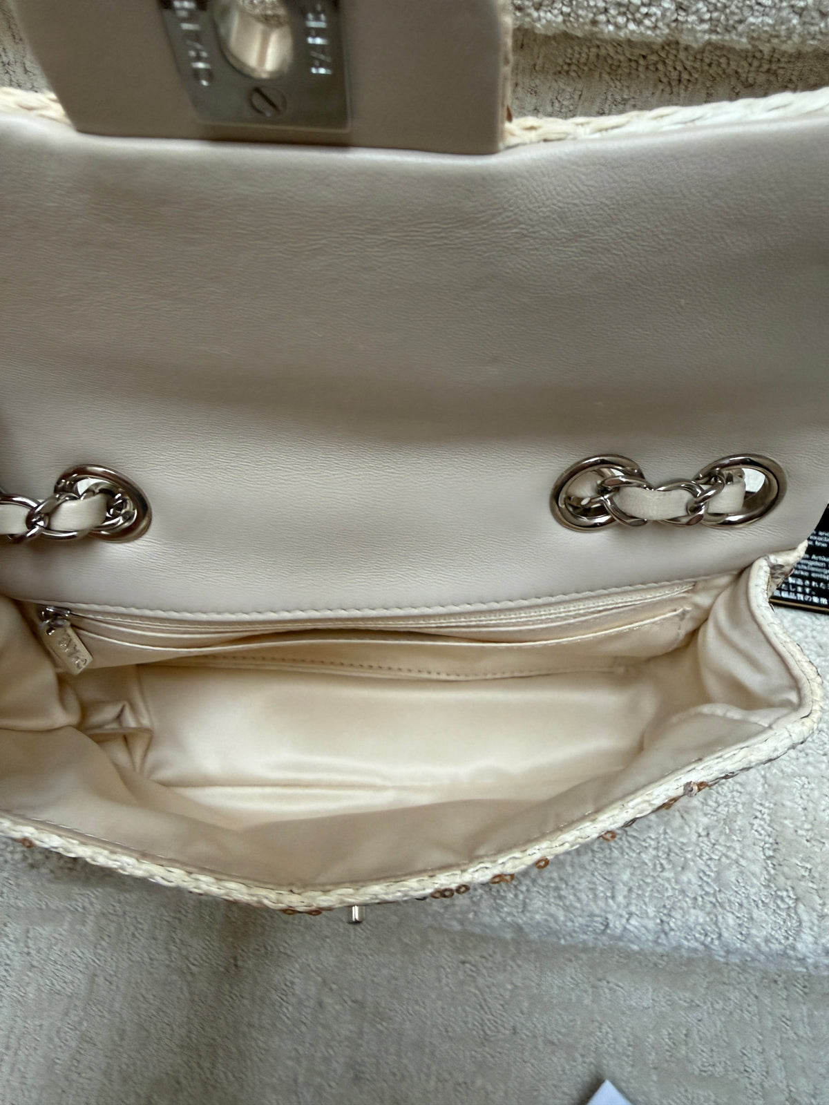 Chanel Small Single Flap Bag in Beige Raffia Sequins from Karl Lagerfeld