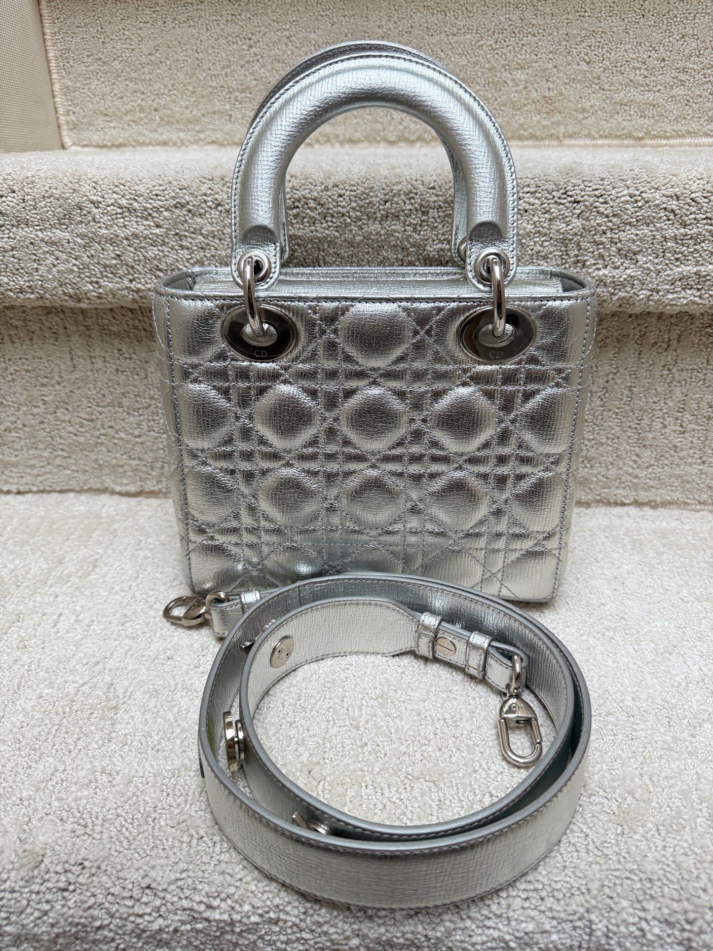 Christian Dior Lady Dior my ABC bag in Silver Leather with Silver Dior Charms preloved and authentic