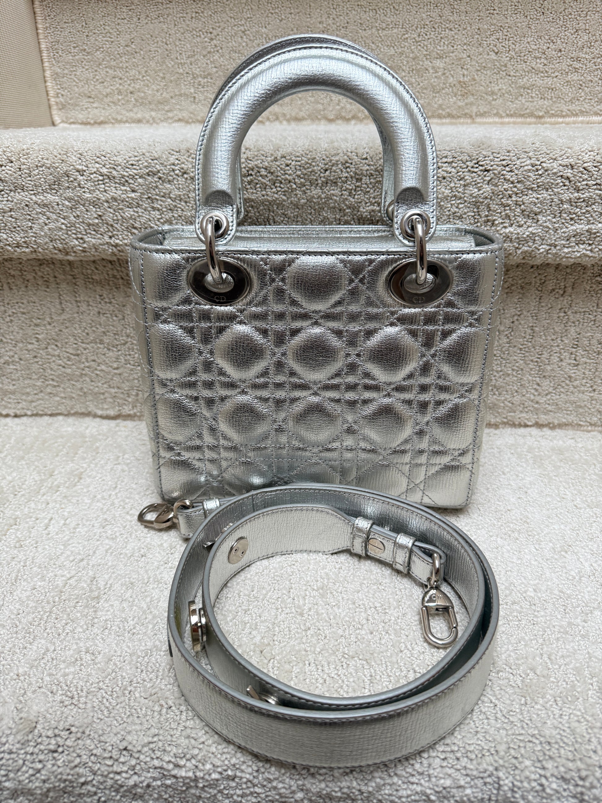 Christian Dior Lady Dior my ABC bag in Silver Leather with Silver Dior Charms preloved and authentic